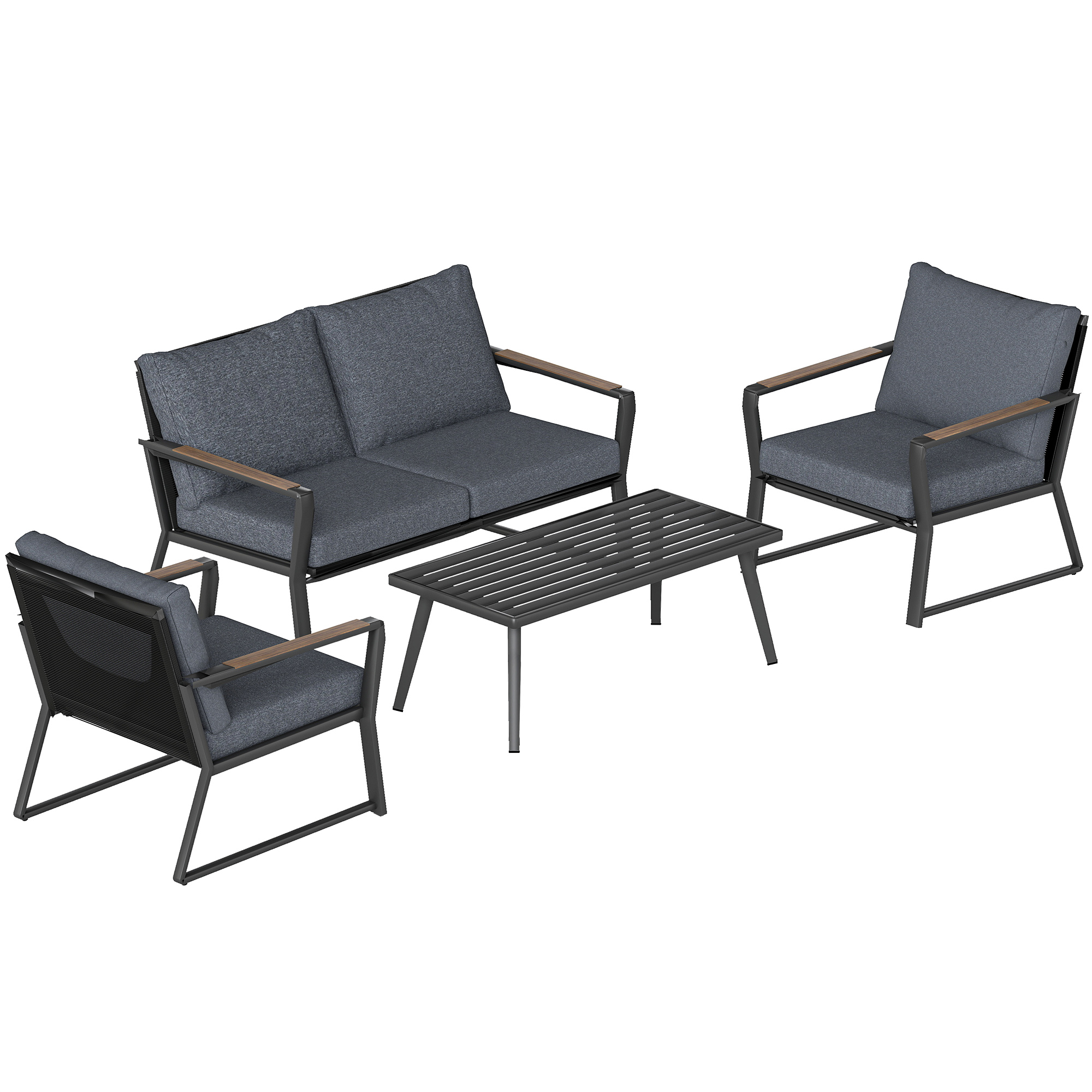  4 Piece Patio Furniture Set, Aluminum Conversation Set, Outdoor Garden Sofa Set with Armchairs, Loveseat, Center Coffee Table and Cushions, Dark Grey