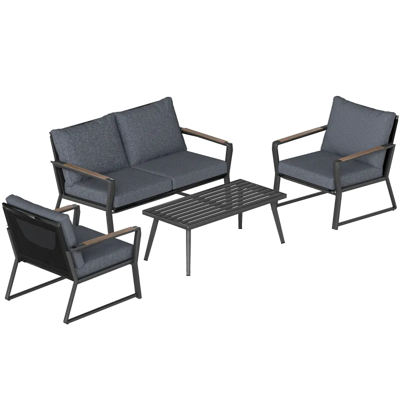  4 Piece Patio Furniture Set, Aluminum Conversation Set, Outdoor Garden Sofa Set with Armchairs, Loveseat, Center Coffee Table and Cushions, Dark Grey