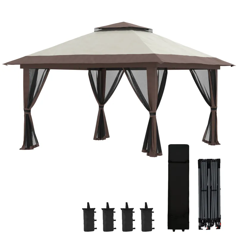 13' x 13' Pop Up Gazebo Instant Canopy Tent Shelter with 2-Tier Roof, Carry Bag, Wight Bags for Outdoor, Garden, Beige