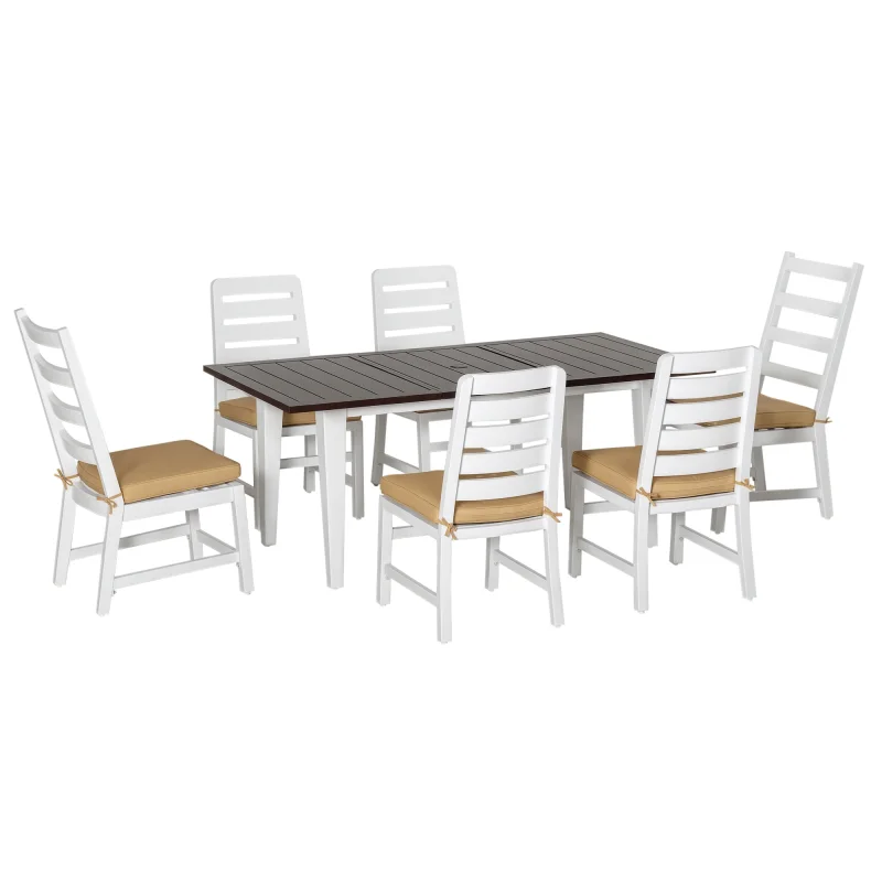  Patio Dining Set for 6, Outdoor Furniture Set with a Table & Chairs, Cushions, Umbrella Hole for Garden, Backyard, or Poolside, Beige