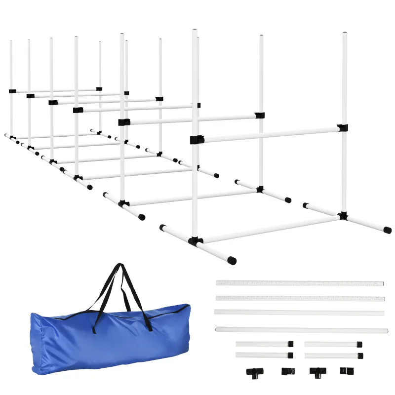 6 Piece Dog Agility Set with Adjustable Height Jump Bars, Carry Bag, Displacing Top Bar, White
