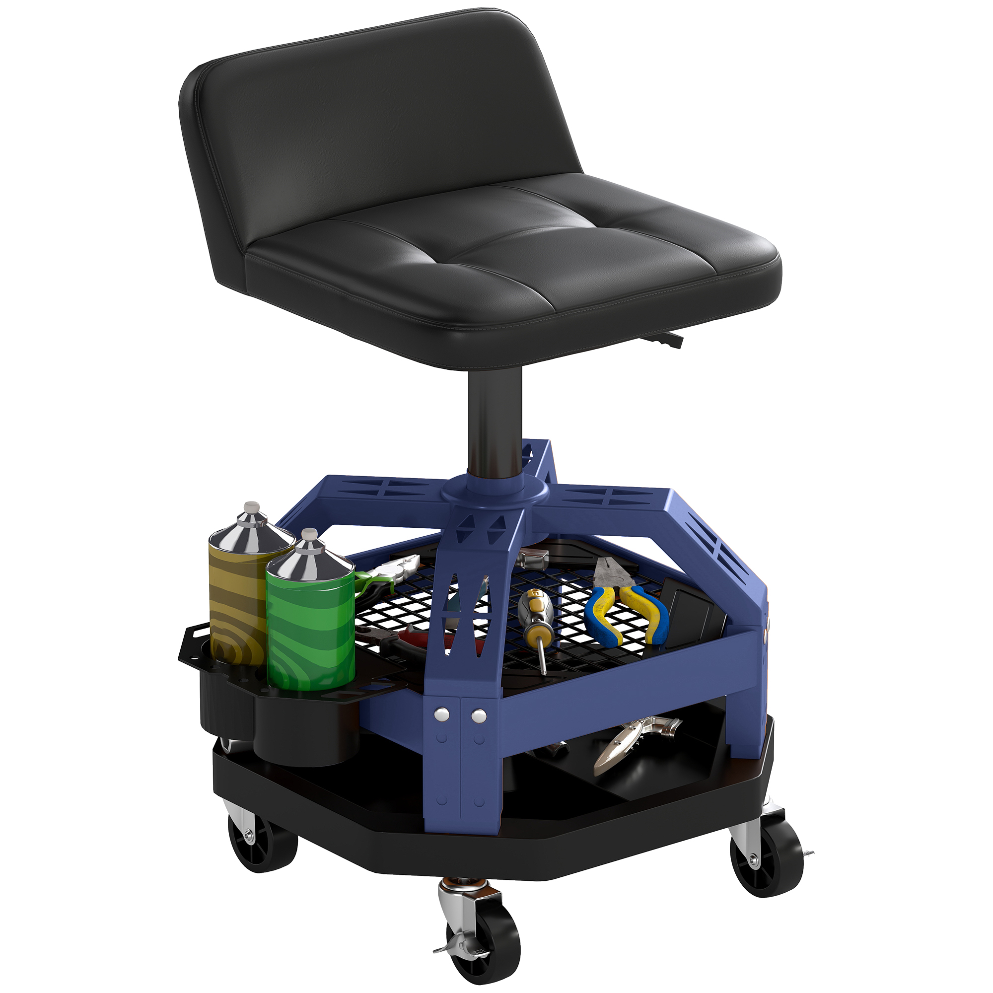 Rolling Creeper Garage Stool, 300 LBS Capacity Mechanic Stool with 360° Wheels, Tool Tray, Adjustable Height, Blue