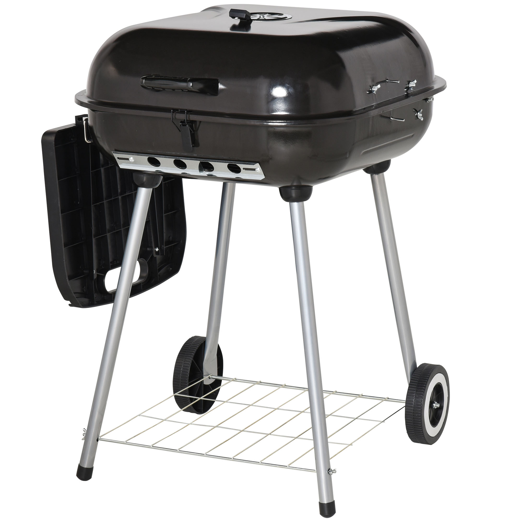 Charcoal Barbecue Grill with Portable Wheel, Side Tray and Lower Shelf for Outdoor BBQ for Garden, Backyard, Poolside