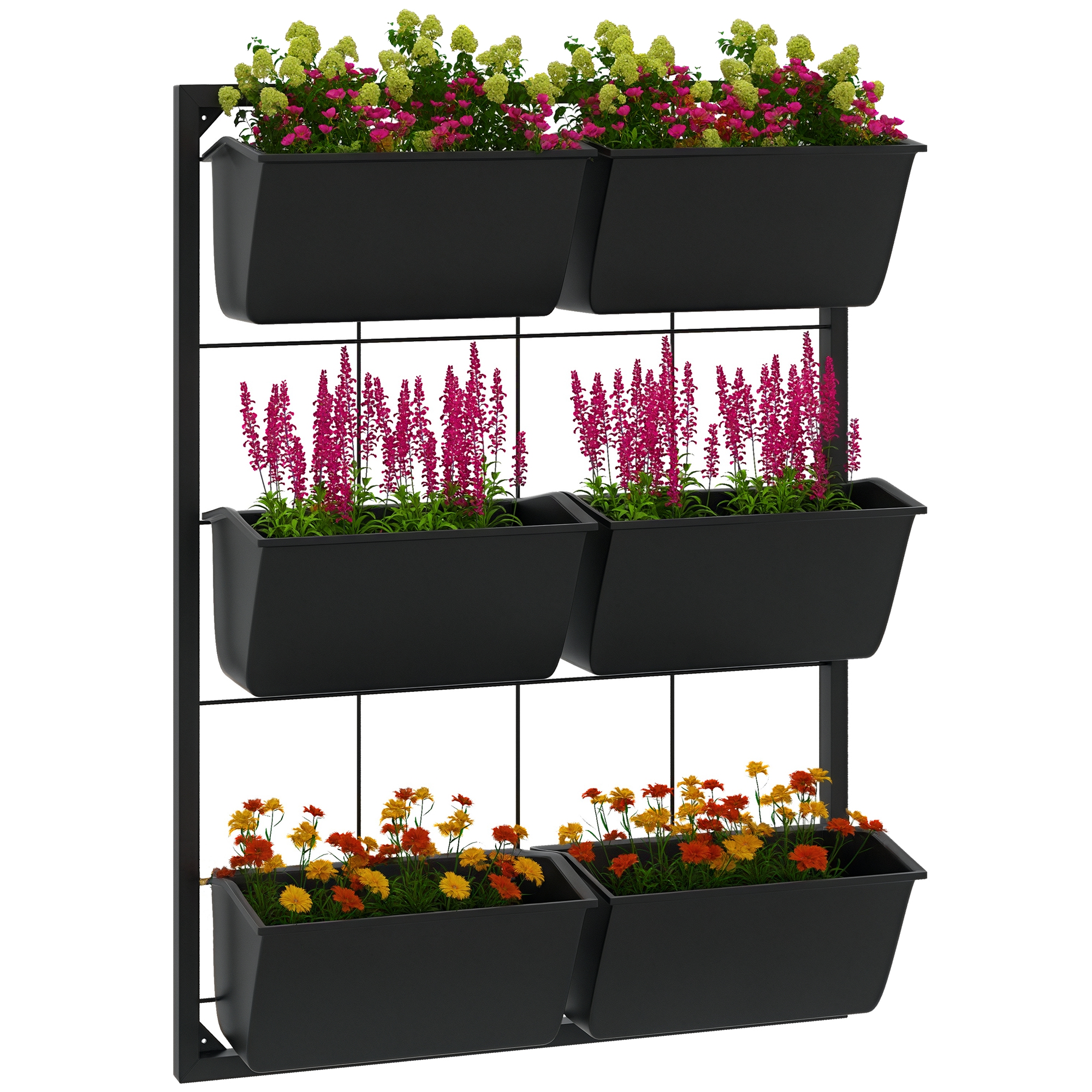 3-Tier Hanging Planter with 6 Pots for Indoor and Outdoor Use, Wall Planter, Self Draining & Wall Mounted, Black