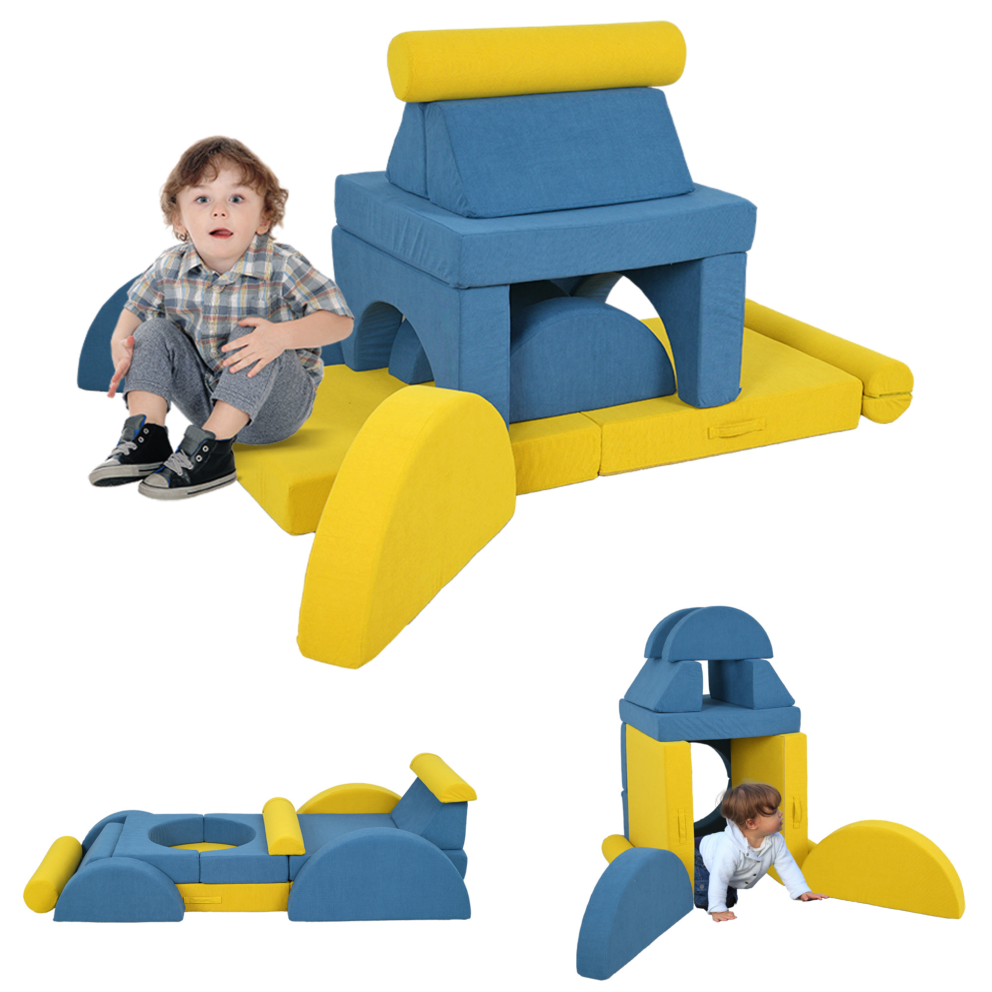 14 Pieces Foam Climbing Blocks for Toddlers, Indoor Climb and Crawl Activity Play Set, Yellow