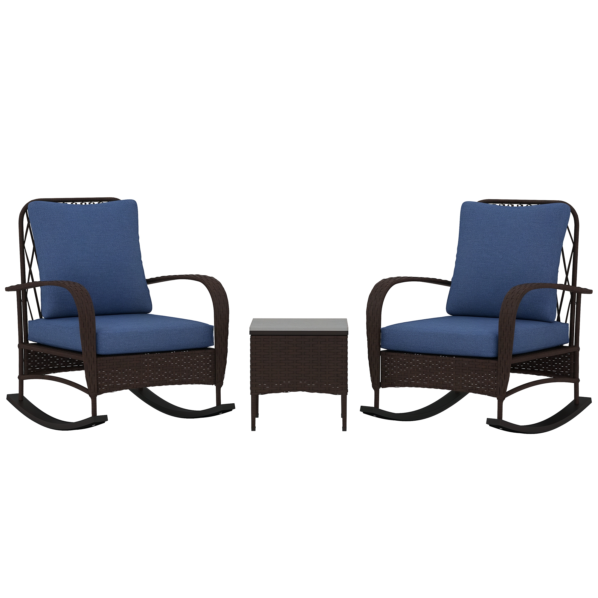 3 Piece Wicker Patio Furniture Set, Outdoor PE Rattan Rocking Chairs with Coffee Table, Cushions for Porch, Brown