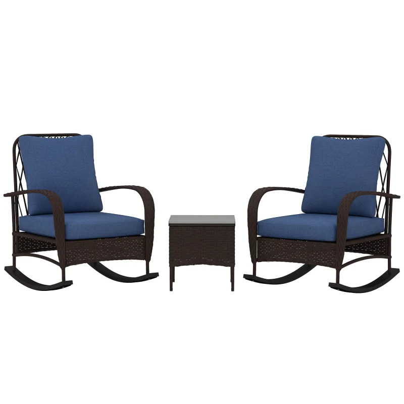 3 Piece Wicker Patio Furniture Set, Outdoor PE Rattan Rocking Chairs with Coffee Table, Cushions for Porch, Brown