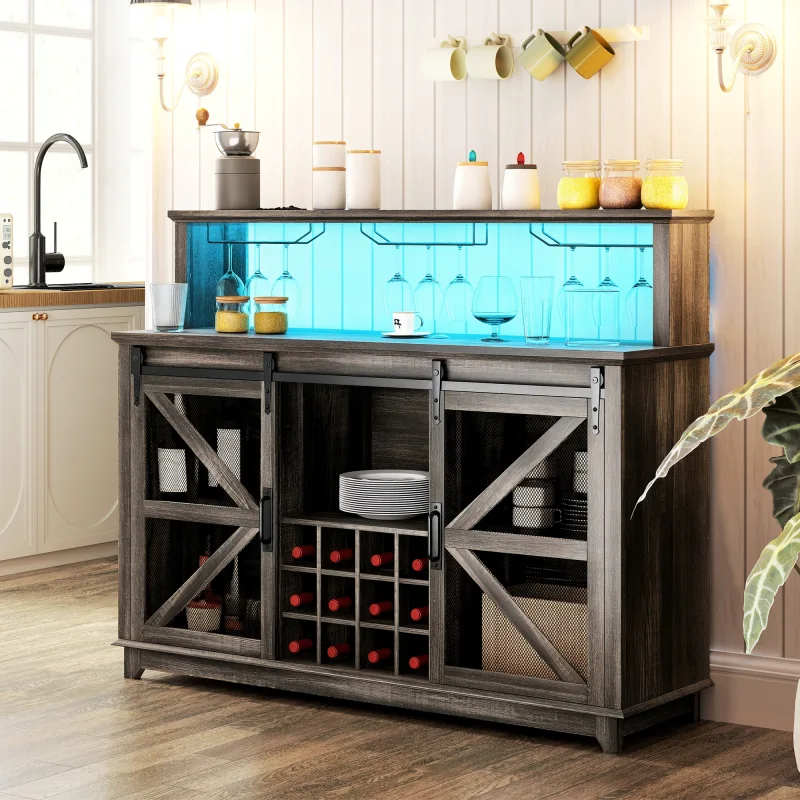 55" Coffee Bar Cabinet with Lights, Farmhouse Wine Cabinet with Wine and Glass Racks for Kitchen, Dining Room, Brown
