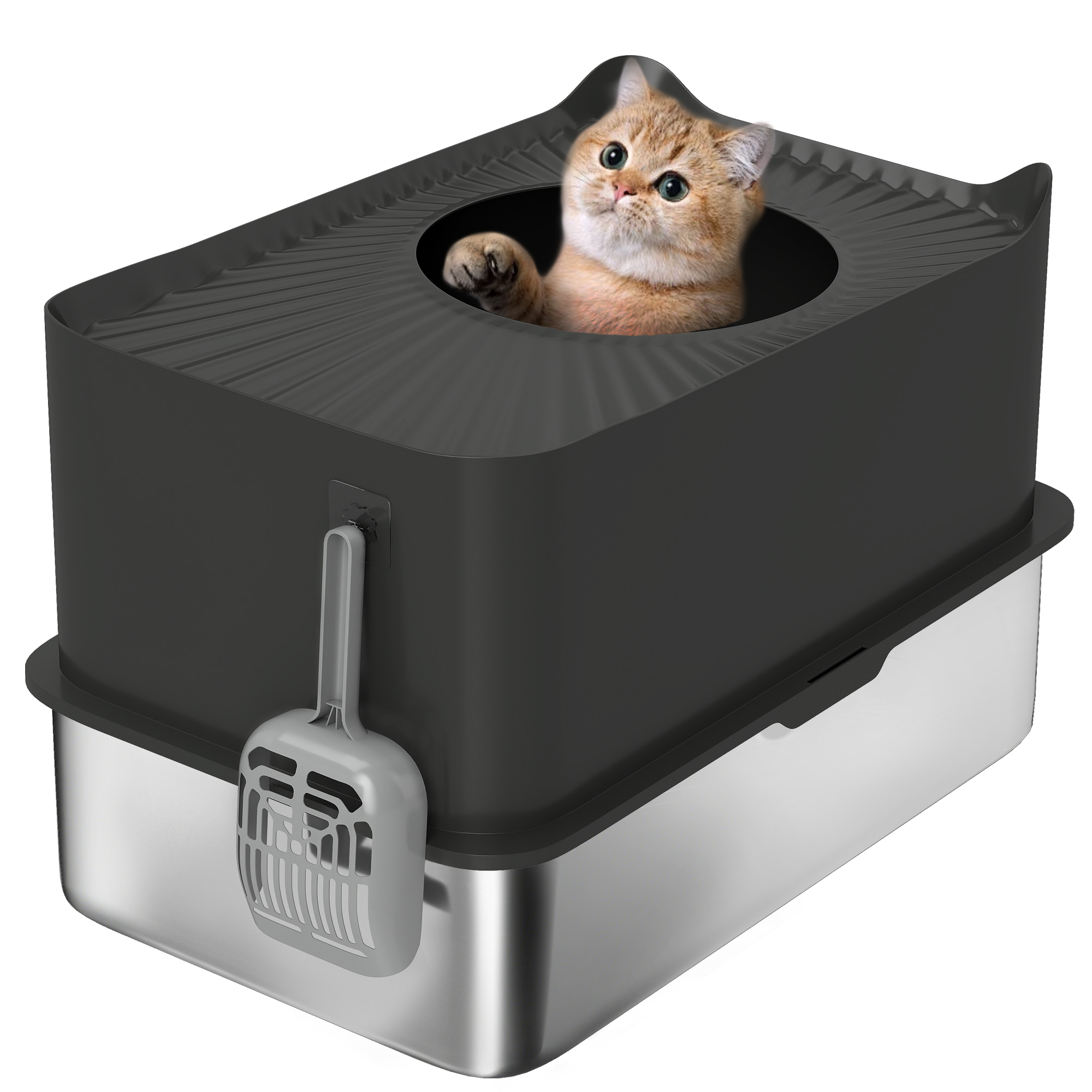 Extra Large Stainless Steel Litter Box, Enclosed Cat Litter Box with Scoop, Top Entrance, Non-slip Pads, Black