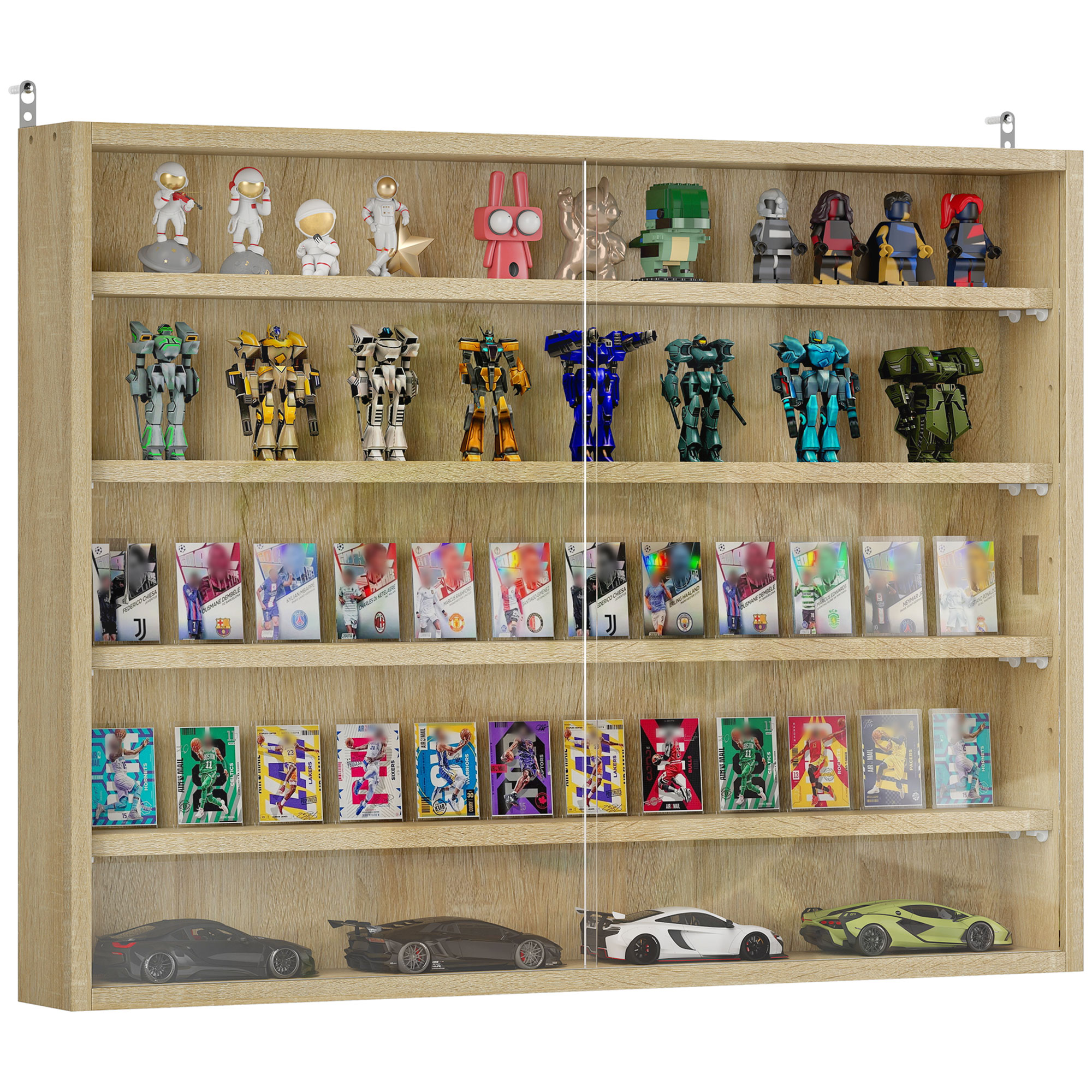 5-Tier Display Cabinet, Wall-Mounted Display Case with 2 Glass Doors and Adjustable Shelves, Oak