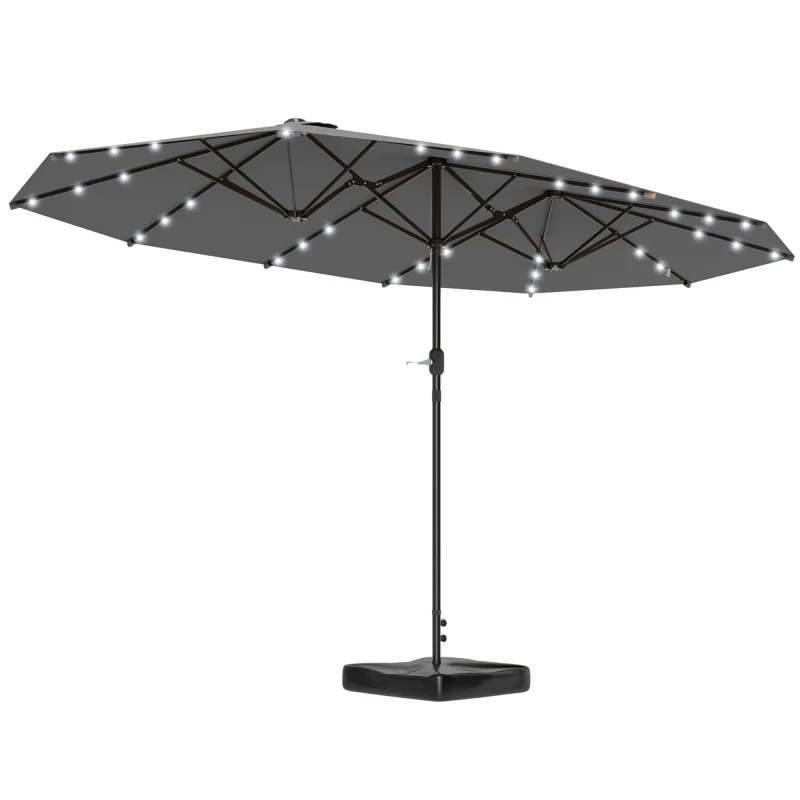 Garden Parasol 14.4ft Double-Sided Sun Umbrella with Base, Patio Parasol with LED Solar Lights, Gray