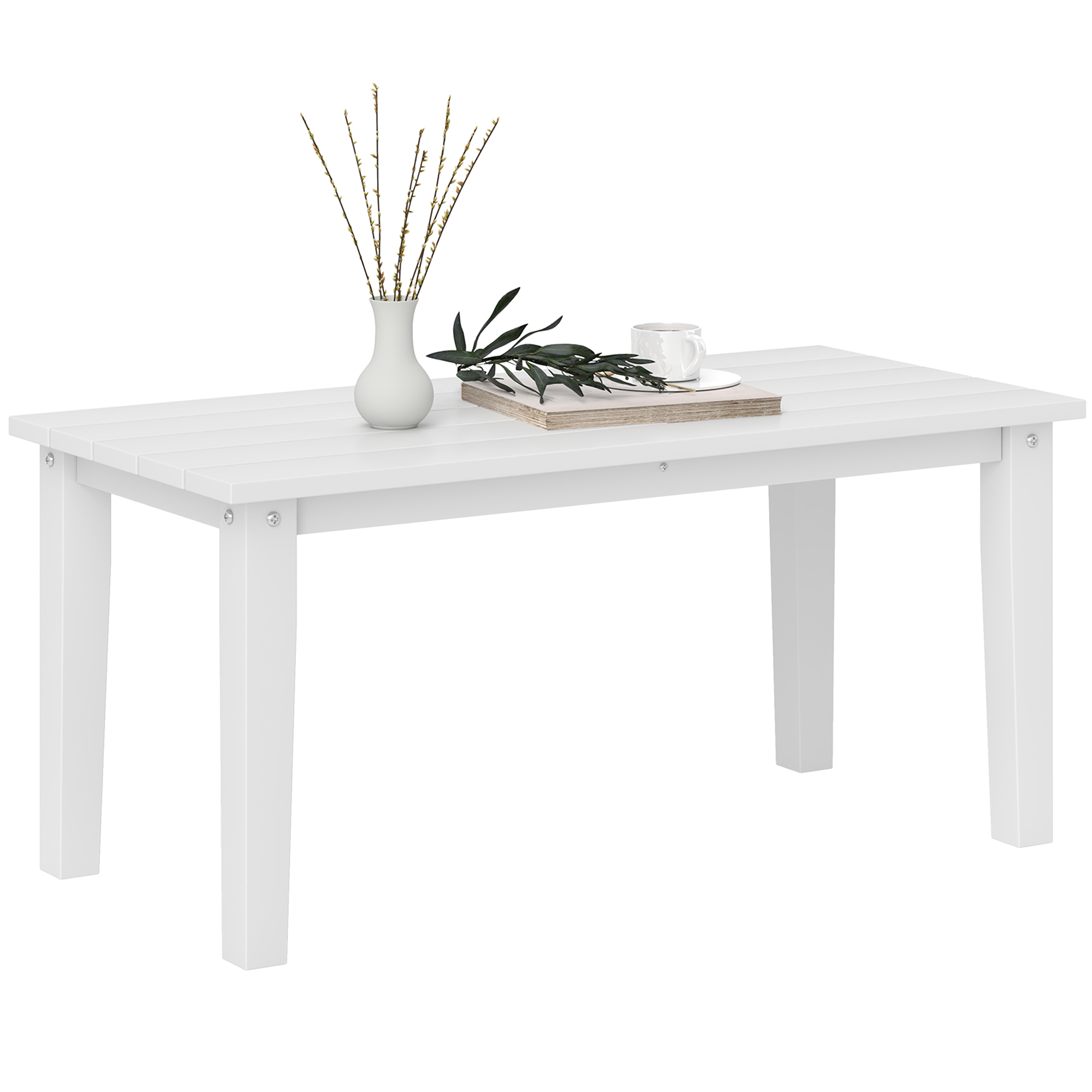 Rectangle Outdoor Coffee Table, HDPE All-Weather Outdoor Patio Table with Slatted Tabletop for Yard, Balcony, White