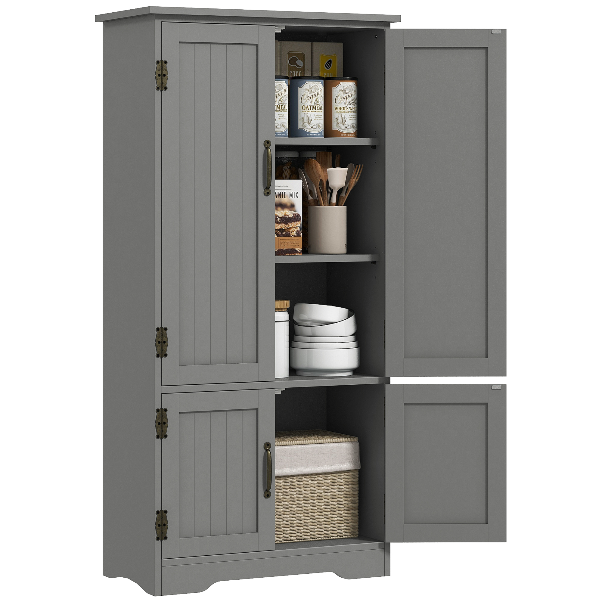 Accent Floor Storage Cabinet Kitchen Pantry with Adjustable Shelves and 2 Lower Doors, Gray