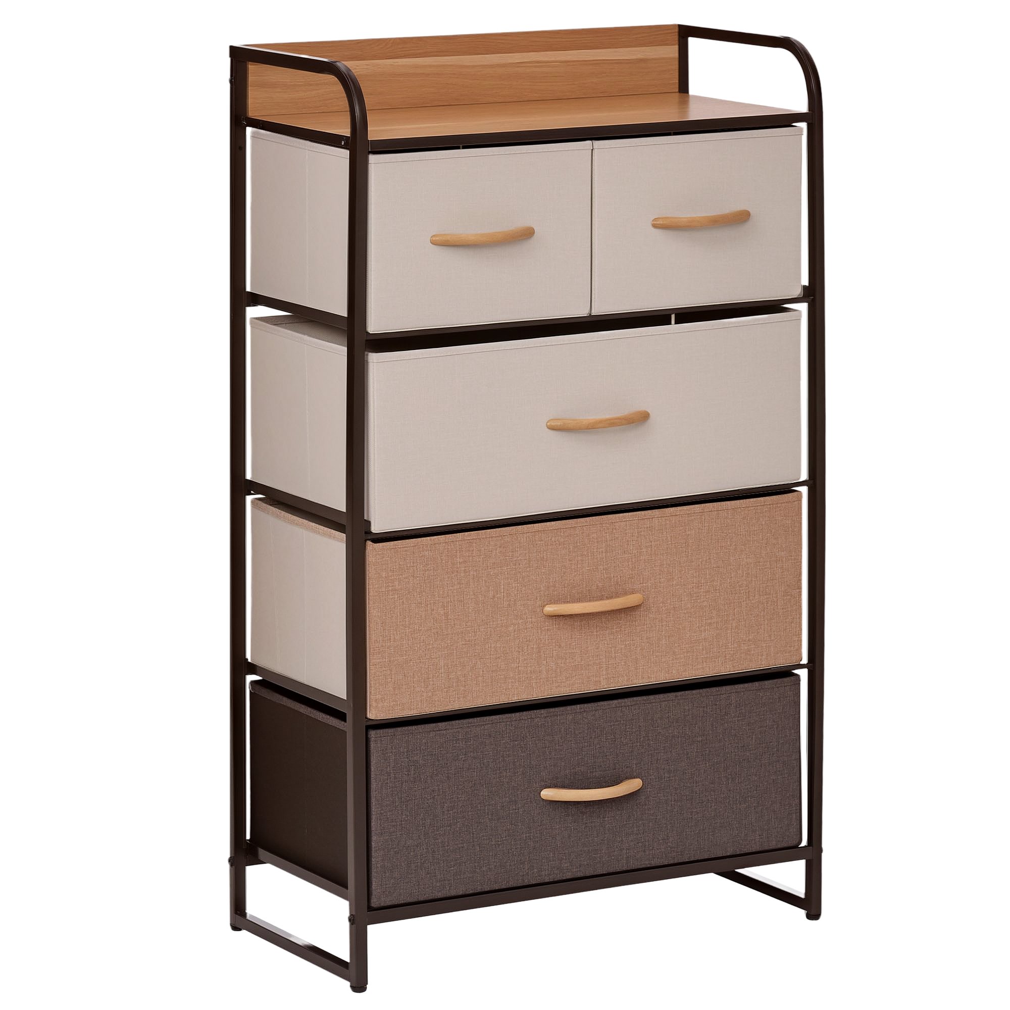 5-Drawer Fabric Dresser Tower, 4-Tier Storage Organizer with Steel Frame for Hallway, Bedroom, and Closet, Maple Wood