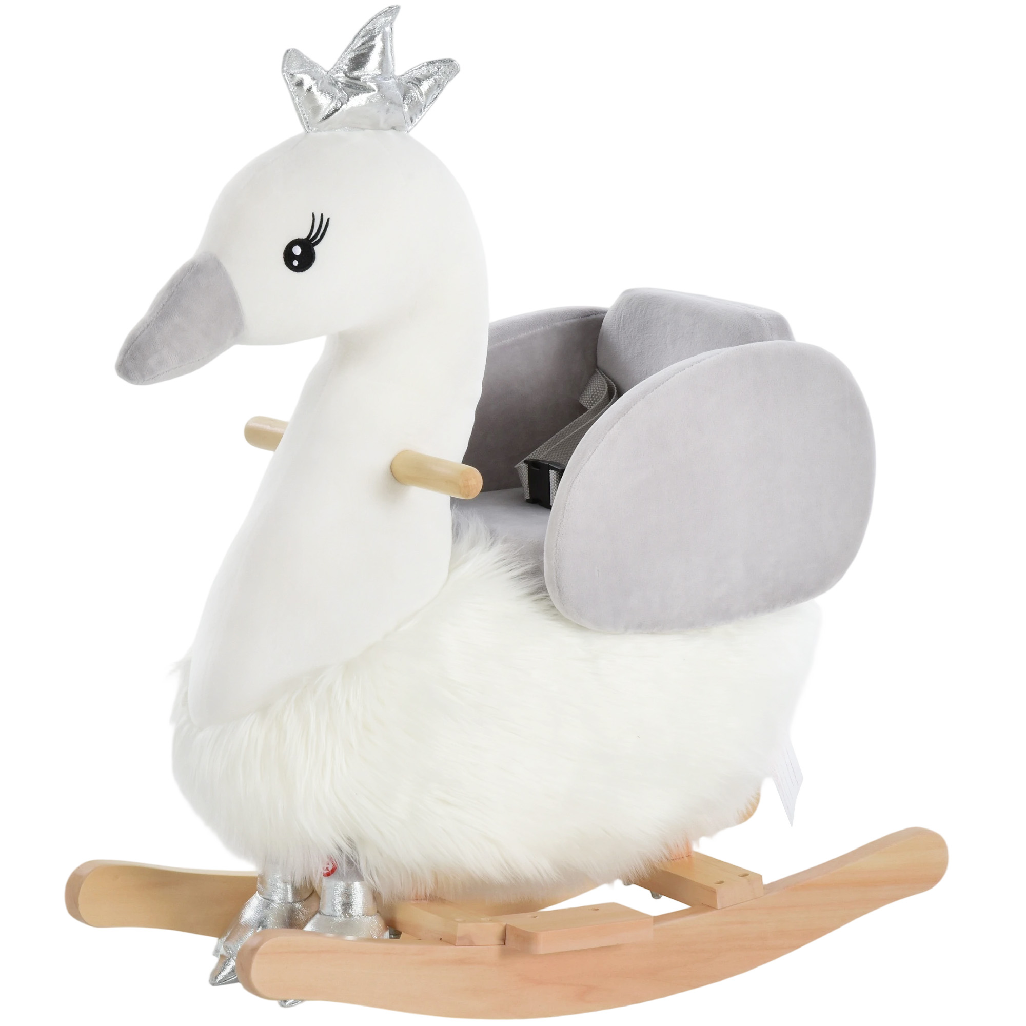Kids Ride on Horse Swan Rocker with Sound, Plush Seat, Wooden Base, Safety Belt for Toddlers 18-36 Months, White