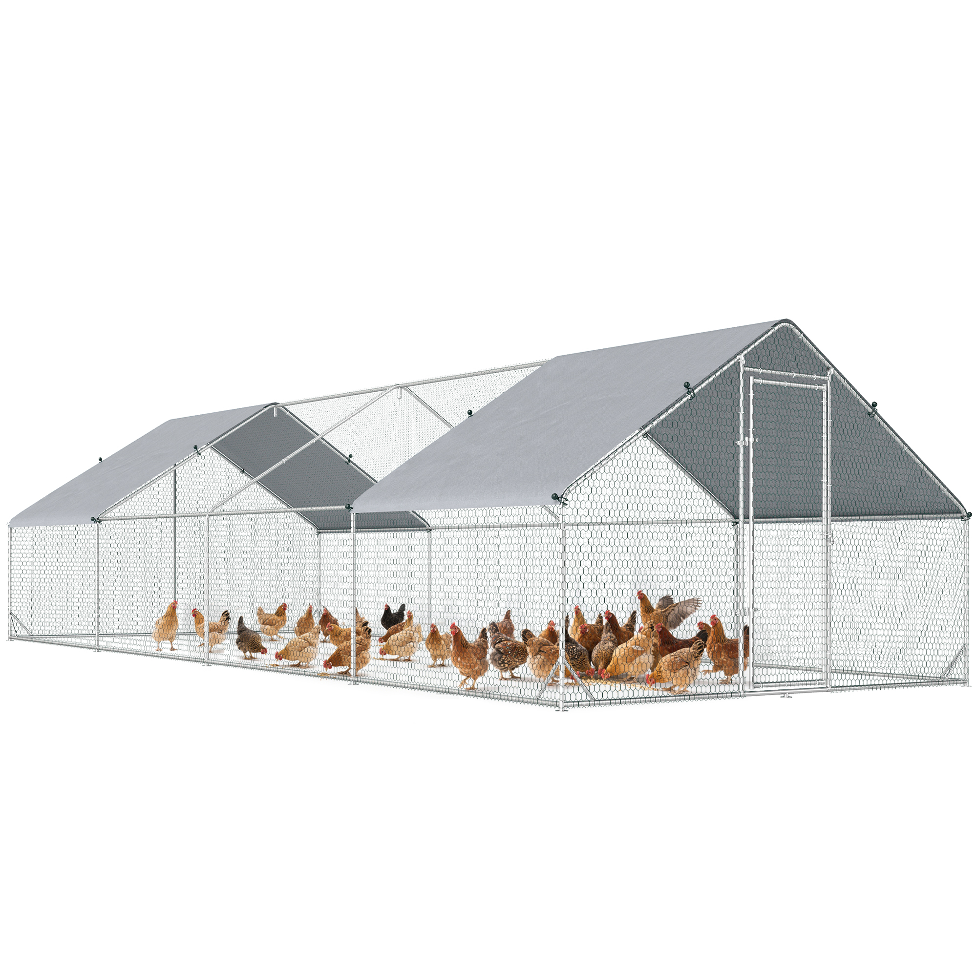 Large Chicken Coop Metal Chicken Run with Waterproof and Anti-UV Cover, Spire Shaped Walk in Fence Cage Hen House for Outdoor and Yard Farm Use, 1" Tube Diameter, 9.8' x 26.2' x 6.6'