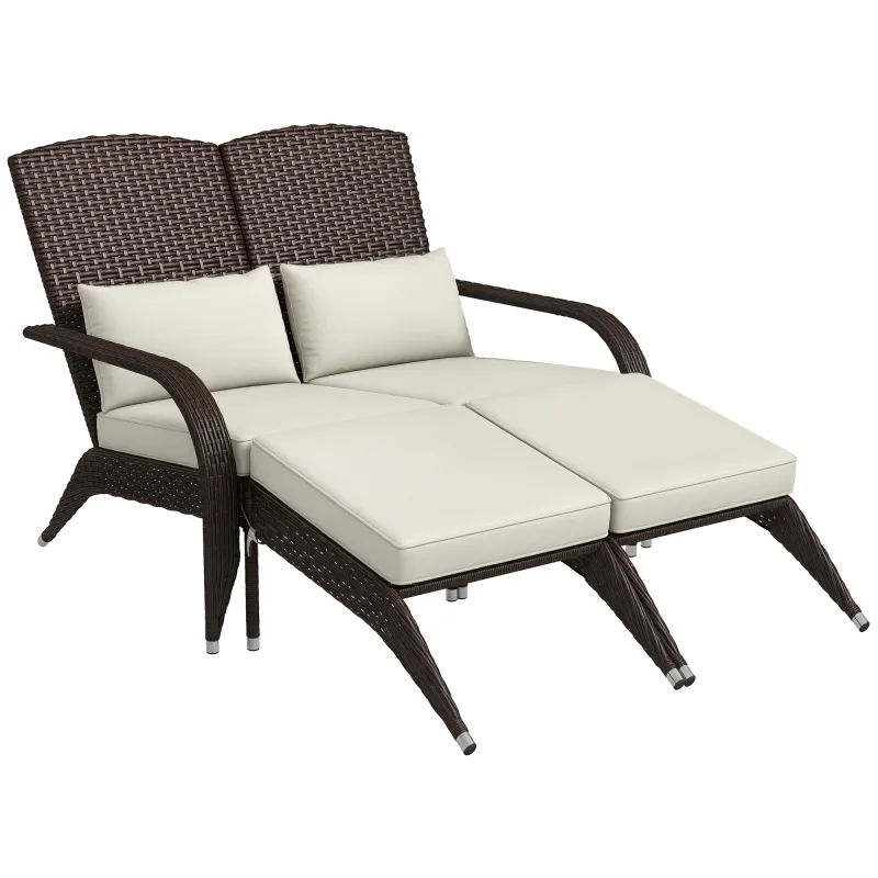 2 Person Patio Wicker Adirondack Chair, High-Back Fire Pit Chair with Cushions, Cream White