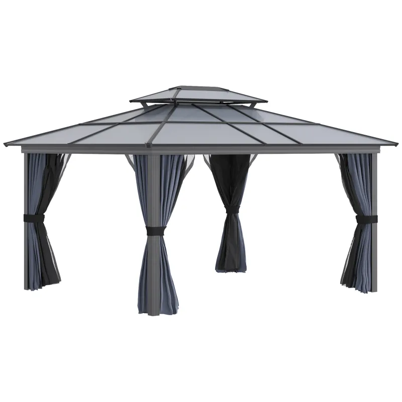  10' x 12' Hardtop Gazebo Canopy with Polycarbonate Roof, Aluminum Frame, Permanent Pavilion Outdoor Gazebo with Netting, for Patio, Garden, Backyard, Deck, Lawn, Black