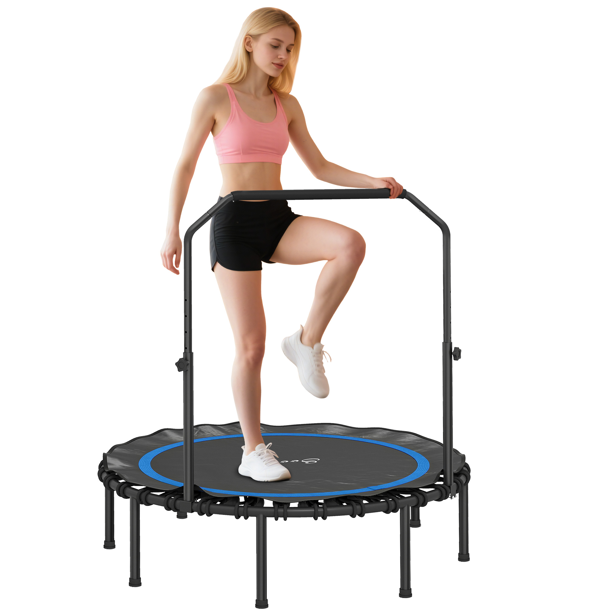 48" Rebounder Trampoline for Adults, Foldable Mini Trampoline with Adjustable Handle Bar for Indoor Outdoor, Blue