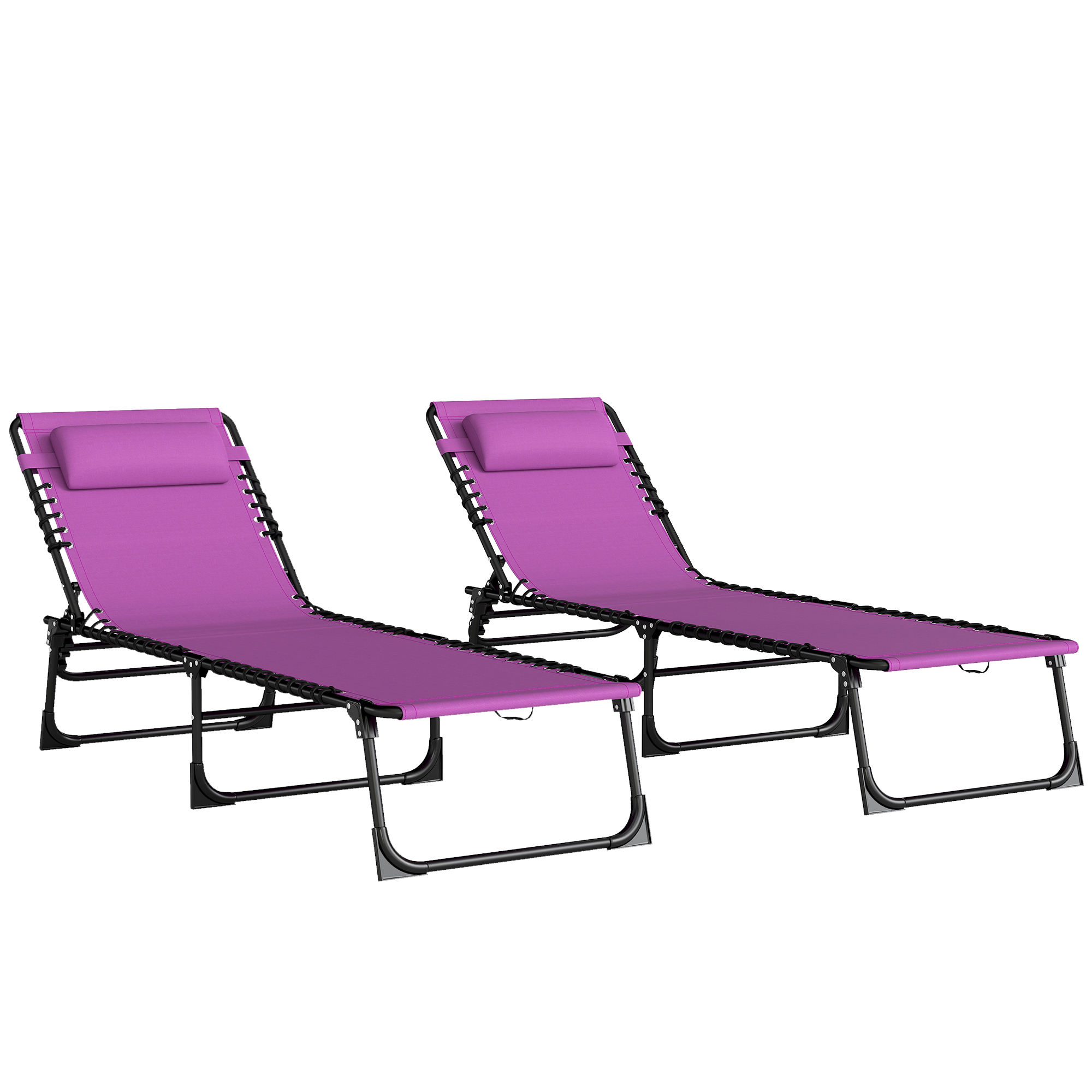 2 Folding Chaise Lounge Pool Chairs with 4-Position Reclining Back, Pillow, Breathable Mesh & Bungee Seat, Purple