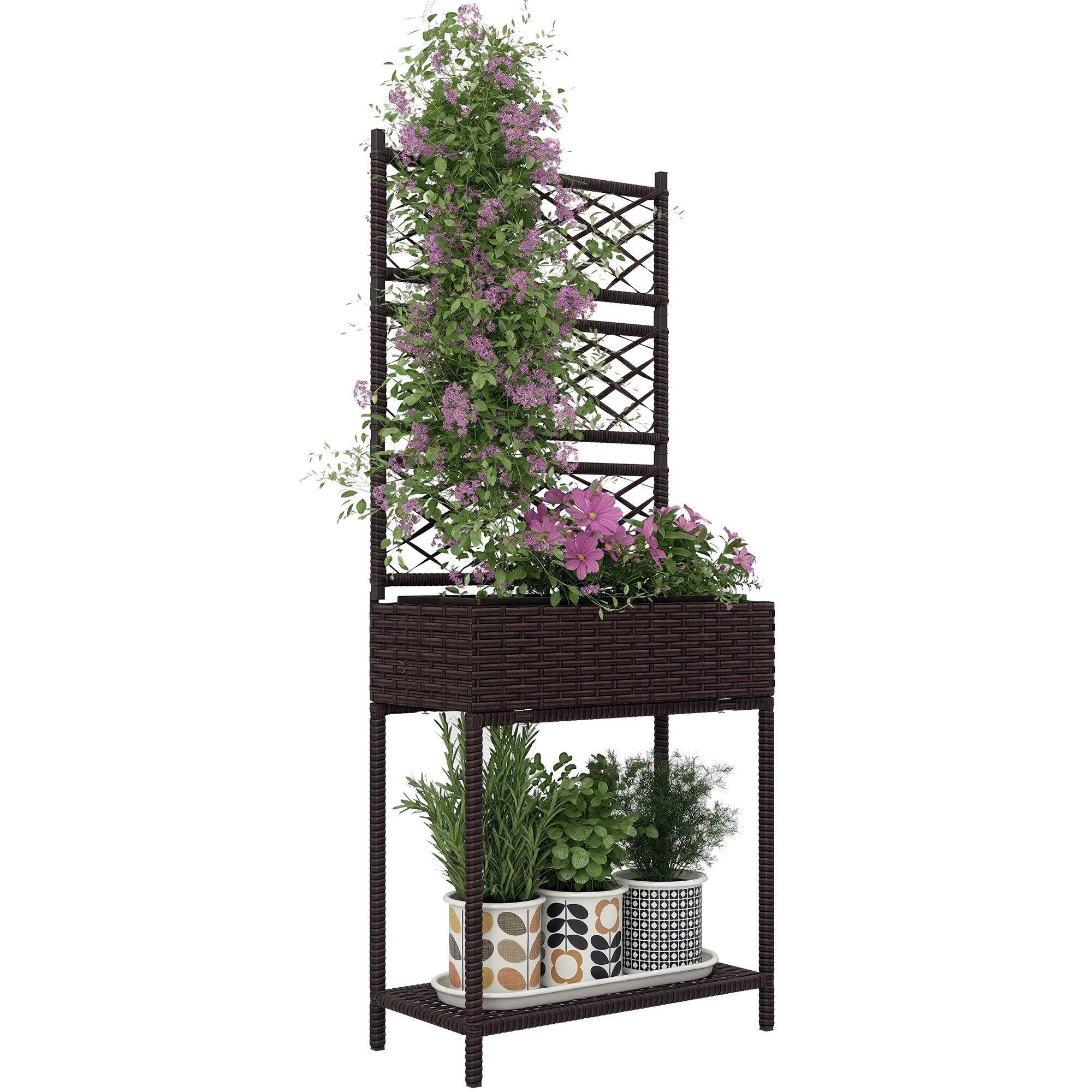 Outdoor Wicker Planter with Trellis for Climbing Plants, Freestanding Rattan Garden Box with Storage Shelf, Brown