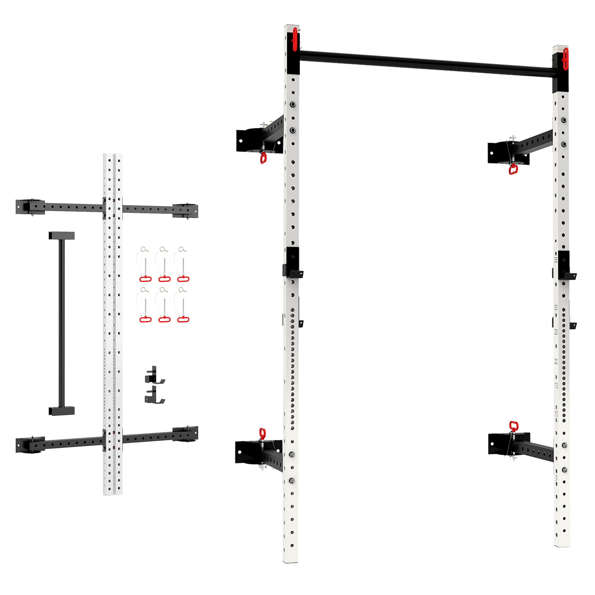 Folding Squat Rack with Pull Up Bar, Wall Mounted and Adjustable, 1000 Pounds Capacity Power Rack, White