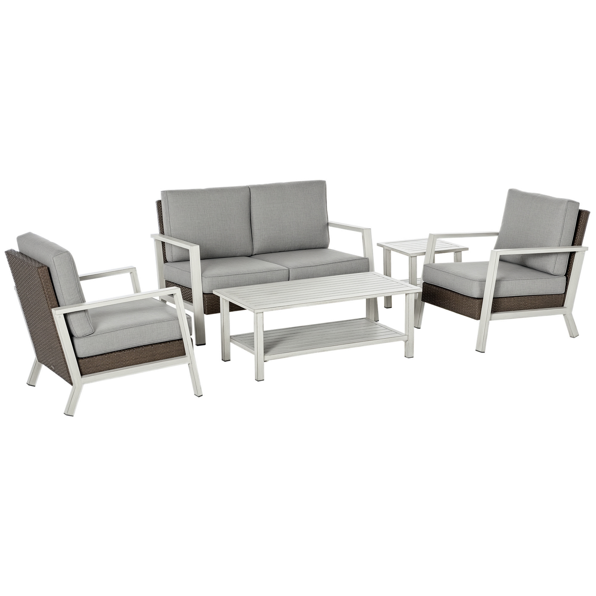  Aluminum Patio Furniture Set, 5 Piece Modern Outdoor Conversation Set with Loveseat Sofa, Chairs, Cushions, Coffee Table & Side Table, Gray