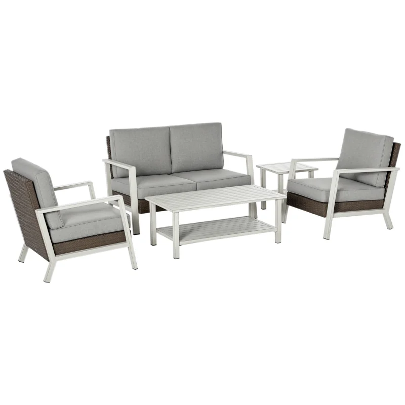  Aluminum Patio Furniture Set, 5 Piece Modern Outdoor Conversation Set with Loveseat Sofa, Chairs, Cushions, Coffee Table & Side Table, Gray