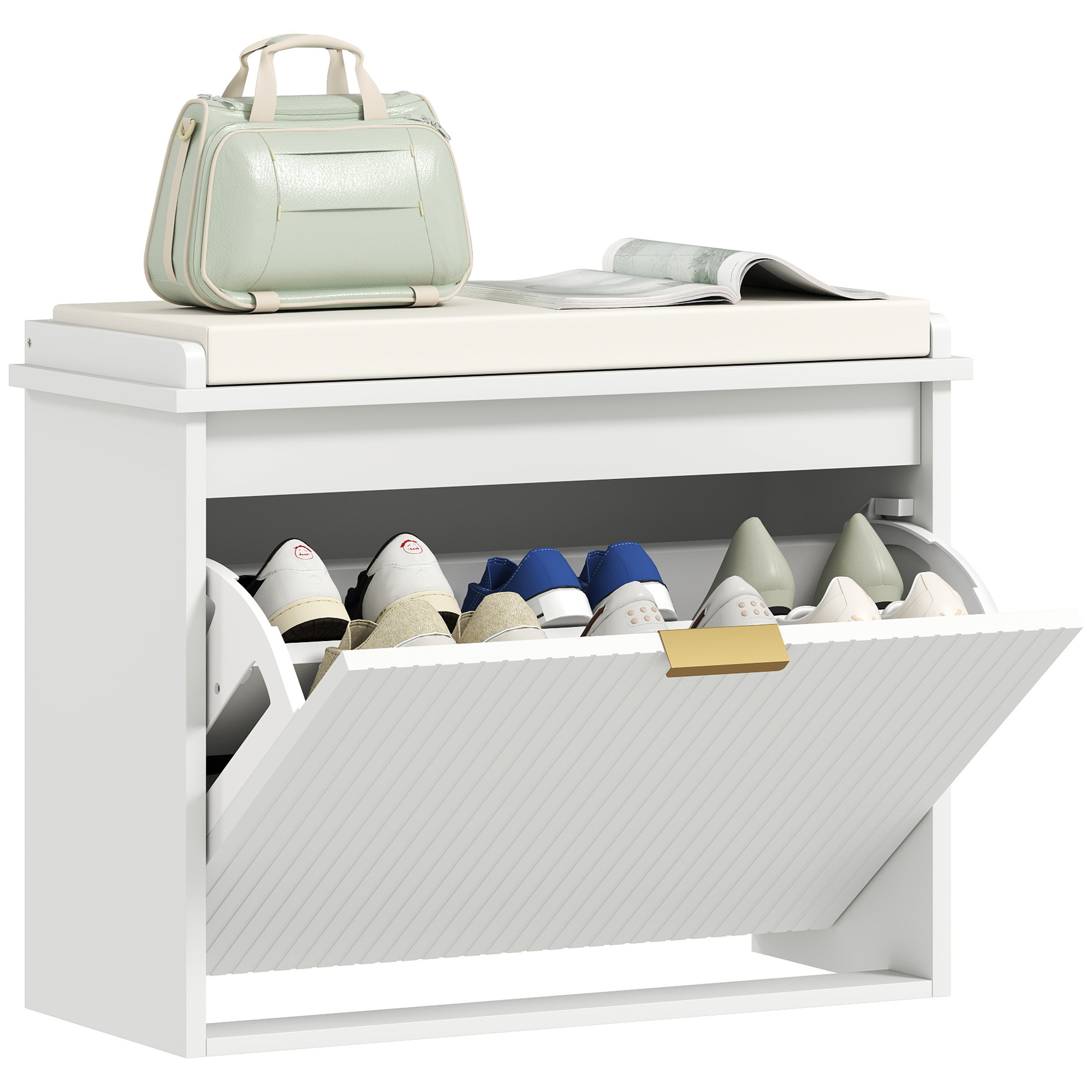 Shoe Storage Bench with Padded Seat Cushion and Flip-Drawer, Entryway Bench, Shoe Cabinet, 24.4x10.2x18.7 Inches, White