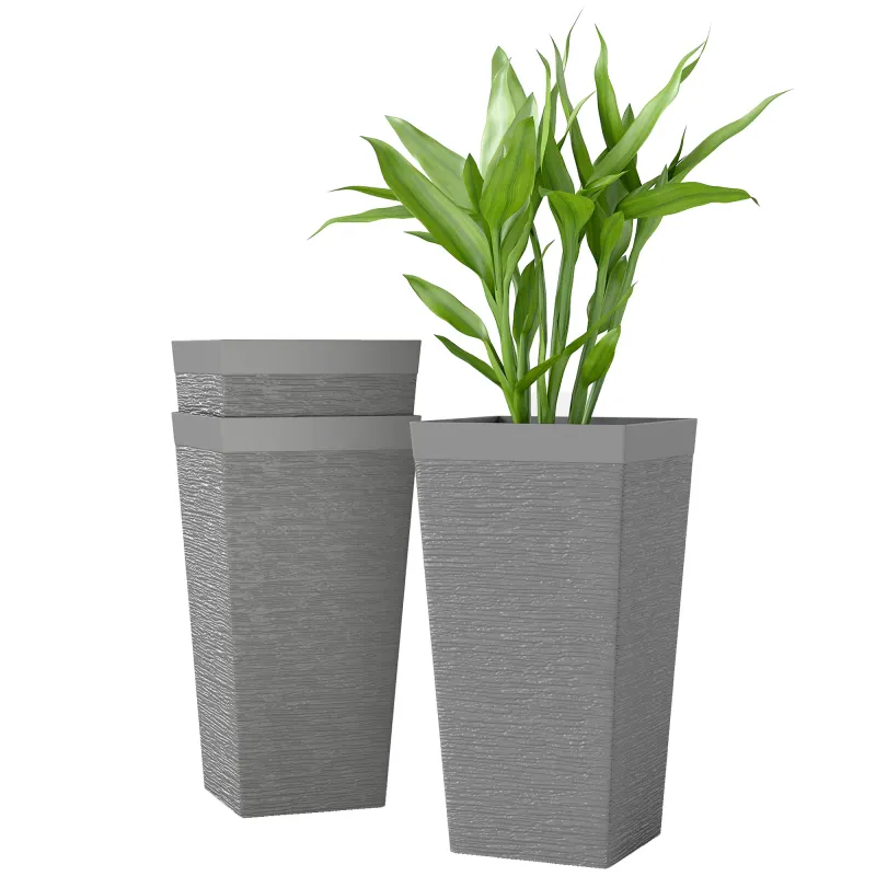 22.8 Inch Set of 3 Outdoor Planters with Stone Finish and Wheels, Stackable Tapered Planters with Drainage Hole, Gray