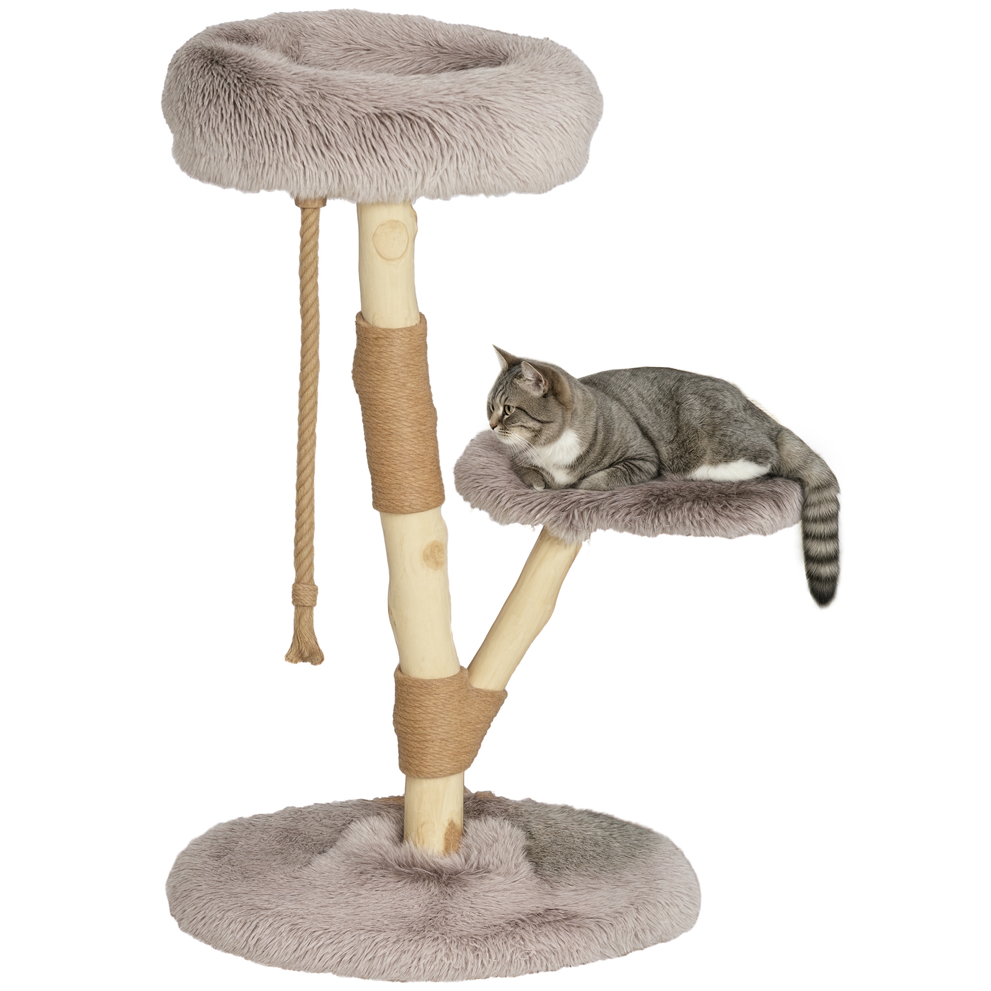 35 Inch Modern Cat Tree for Indoor Adult Cats with Wooden Scratching Posts, Cat Bed & Rope Cat Toy, Brown