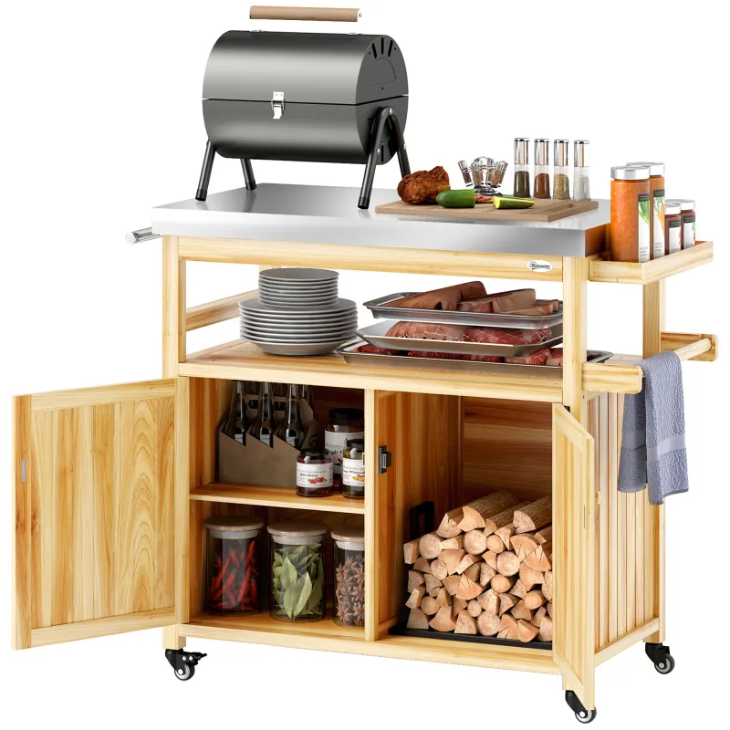 Outdoor Grill Cart w/ Stainless Steel Top, Solid Wood Outdoor Kitchen Island w/ Wheels, Storage Cabinets, Natural Wood