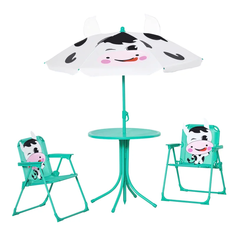  Kids Table and Chair Set, Outdoor Folding Garden Furniture, Picnic Table for Patio Backyard, with Removable & Height Adjustable Sun Umbrella, Aged 3-6 Years Old,White