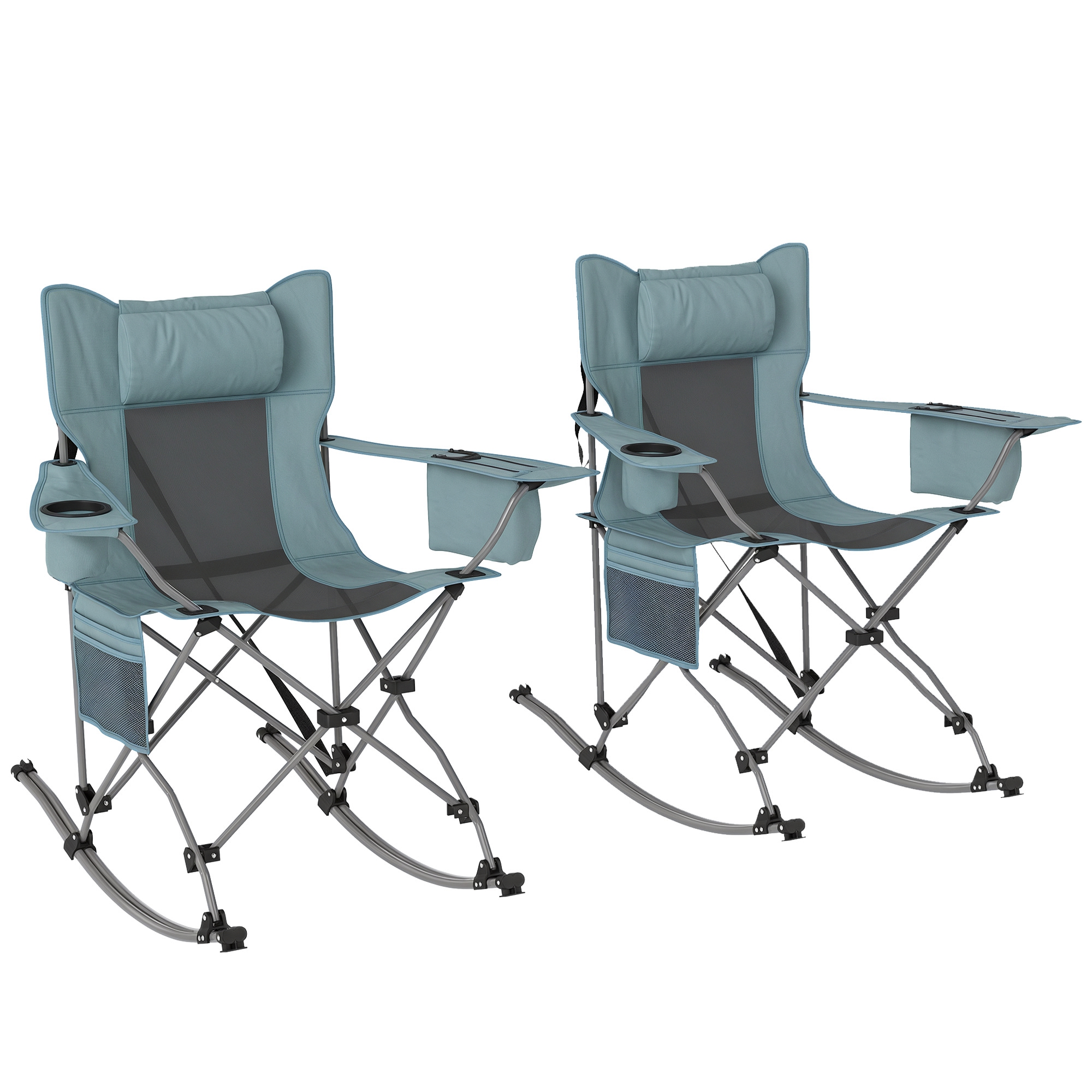 Folding Rocking Camping Chairs, Portable Chairs with Headrest, Cooler Bag, Cup Holder, Carry Bag, 2 Pack, Gray