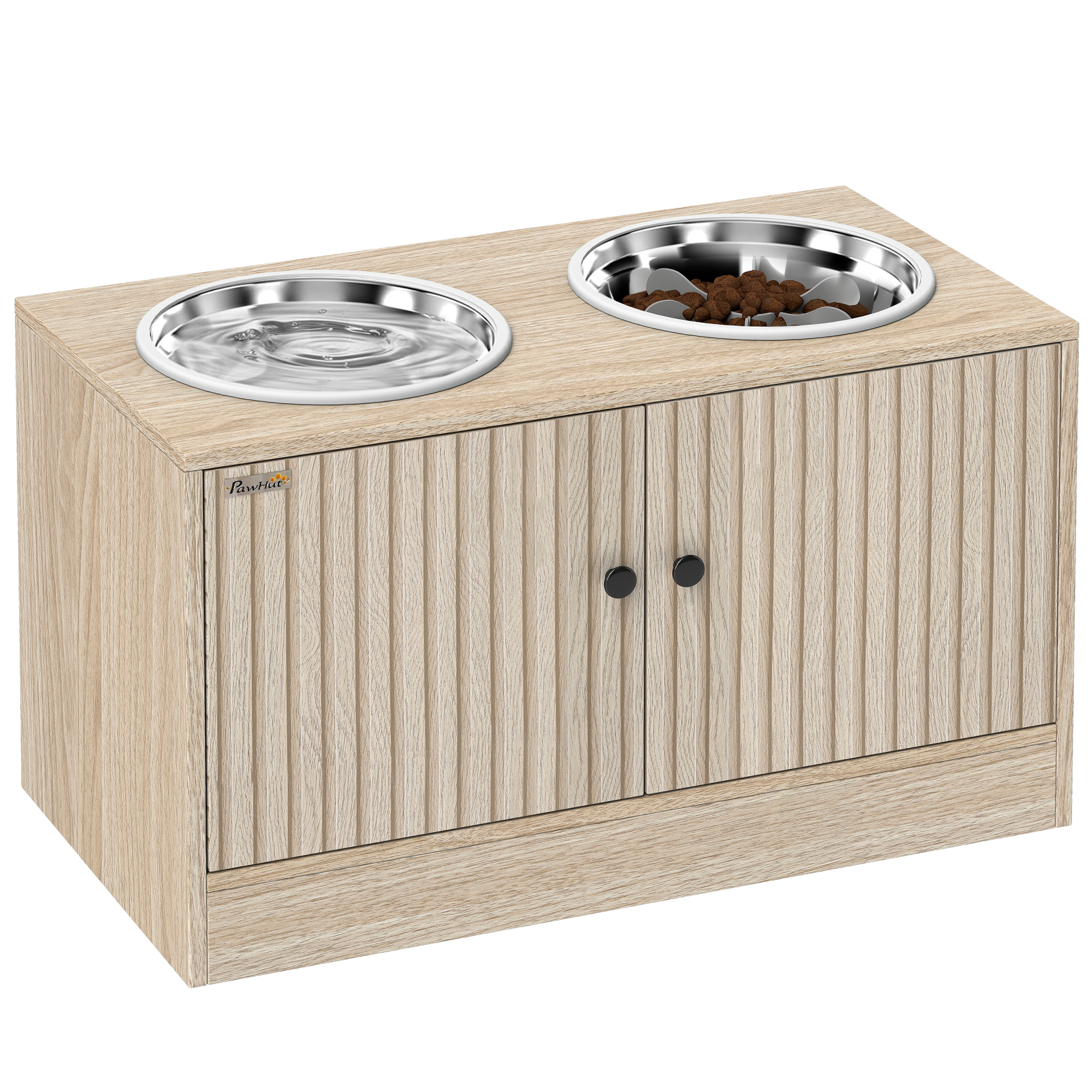 Elevated Dog Bowls with Storage Cabinet, 2 Stainless Steel Bowls, Slow Feeder, Dog Feeding Station for Large Dogs, Oak