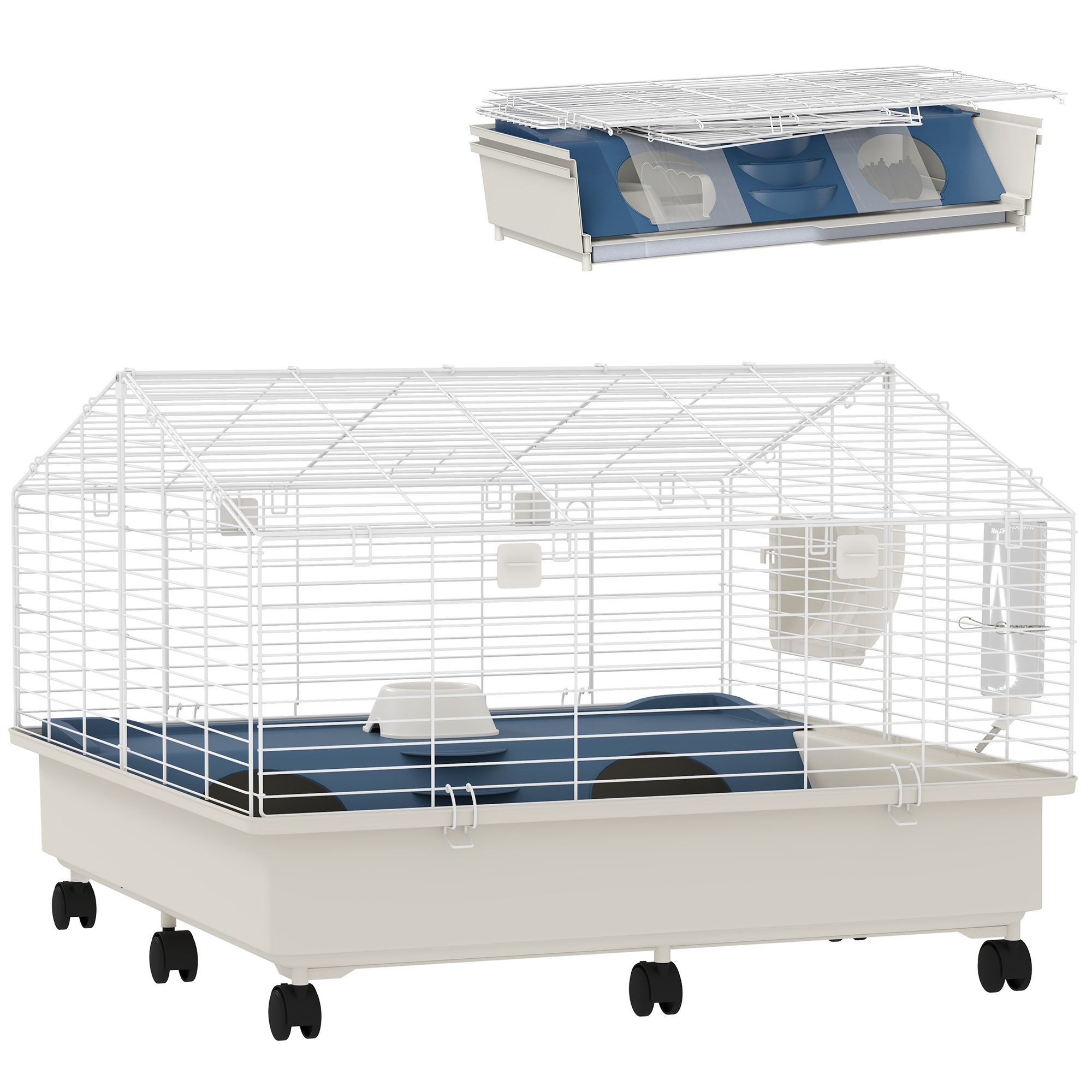 Rolling Small Animal Cage with Water Bottle, Hay Feeder, Food Dish for Rabbits, Hedgehogs, Guinea Pigs, 35" x 35" x 25"