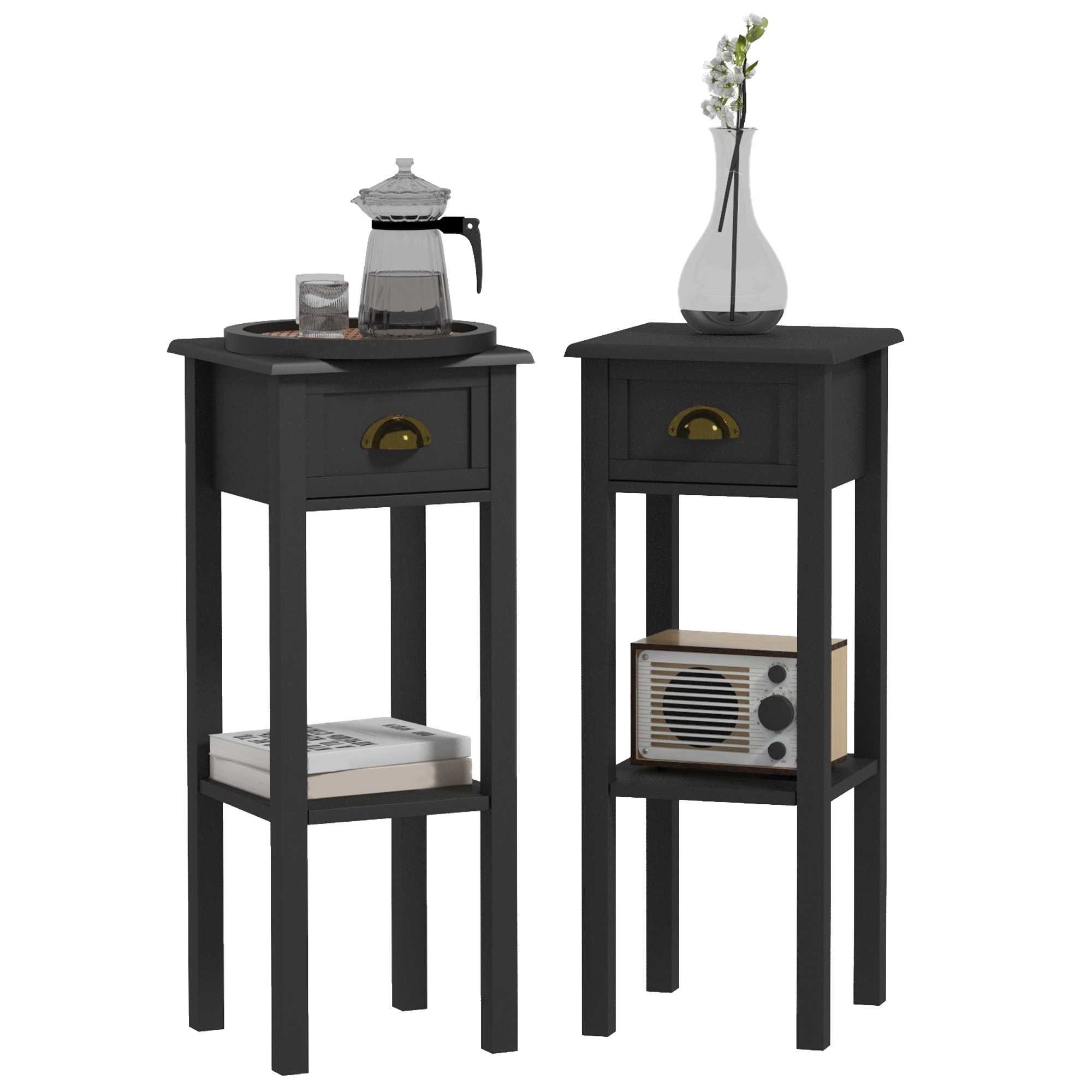 2-Tier Side Tables Set of 2 with Drawer and Shelf, 2 Pieces End Tables for Living Room and Hallway, Black