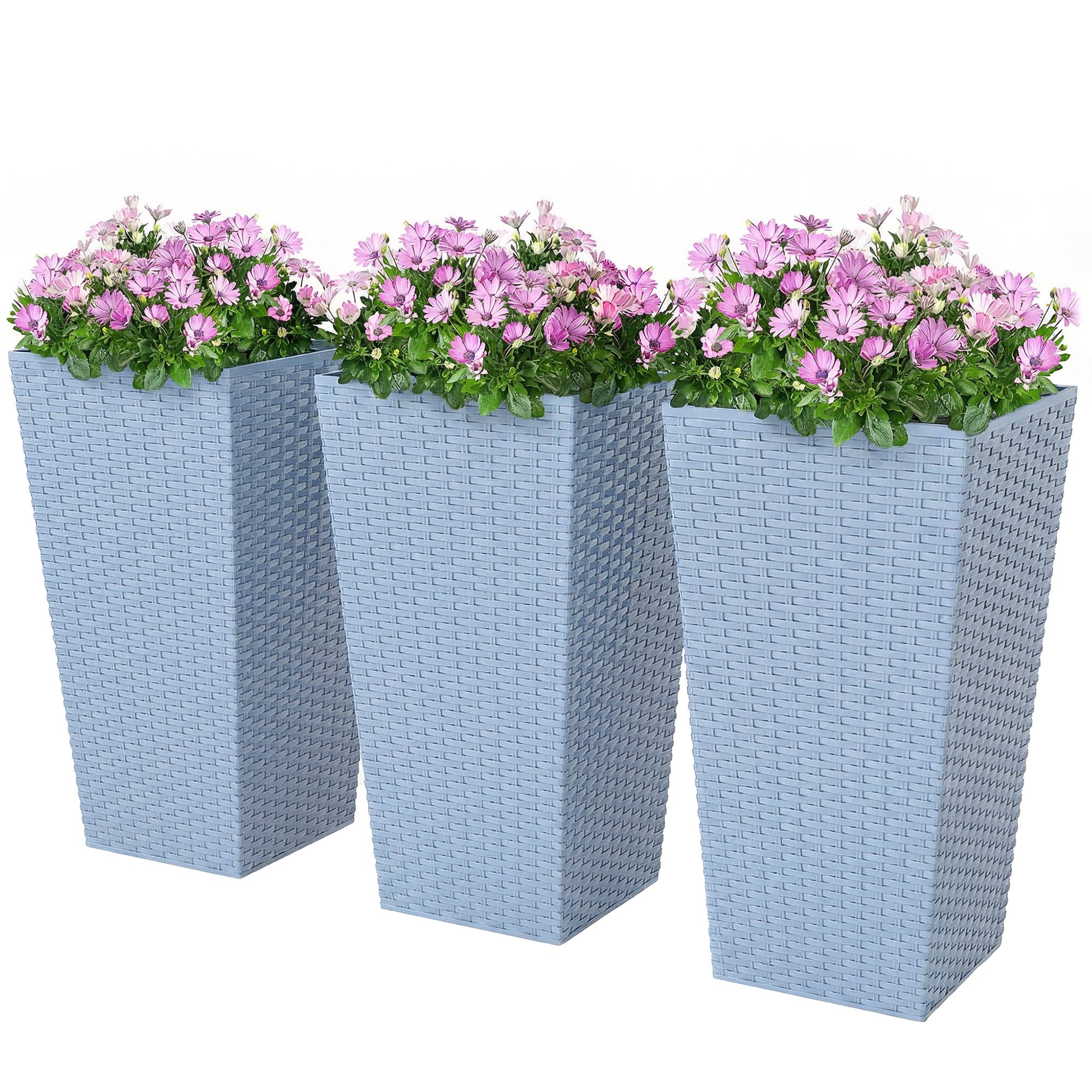Tall Planters for Outdoor Plants Set of 3, 24 In Taper Planters with Drainage Holes, Rattan Decor Plant Pots, Light Gray