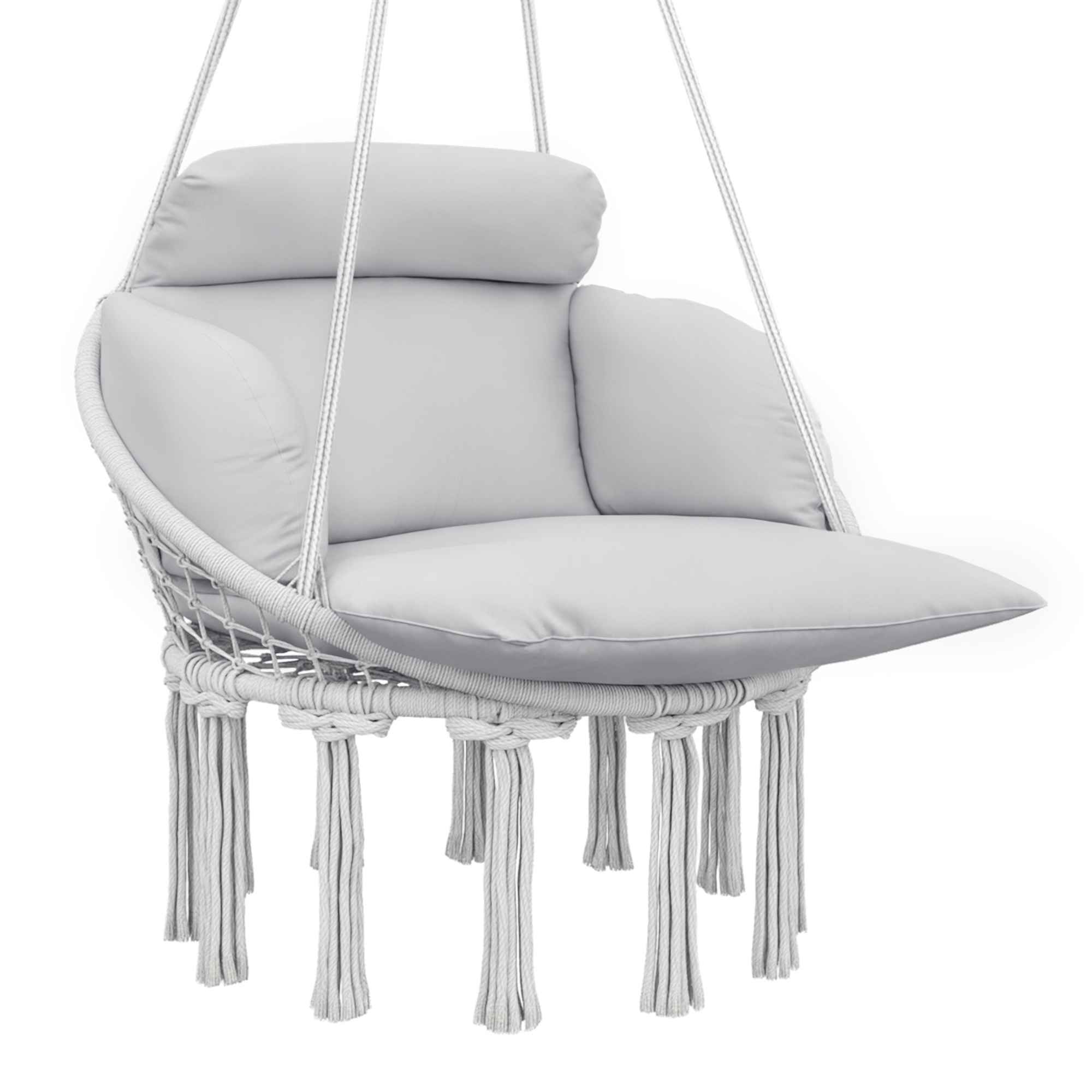 Hammock Swing Chair, Macrame Hanging Chair with Large Cushion, Chain, Steel Frame for Indoor Outdoor Use, Gray