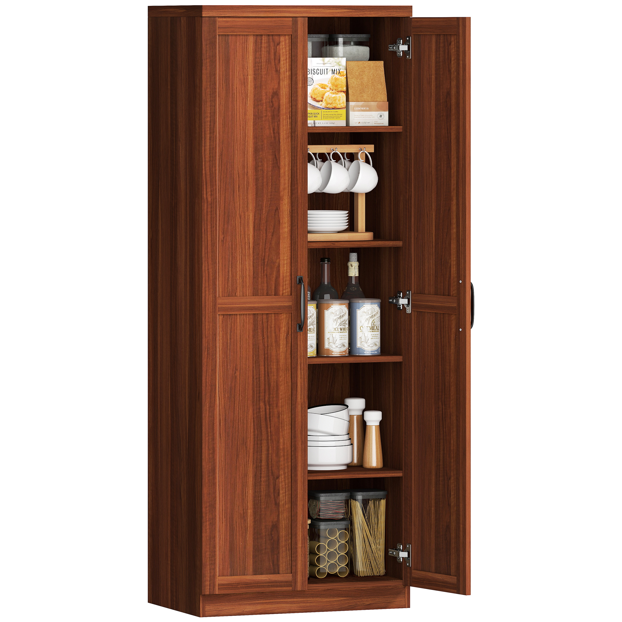63" 2-Door Kitchen Pantry, Freestanding Storage Cabinet with 5-tier Shelving and 2 Adjustable Shelves for Dining Room, Brown