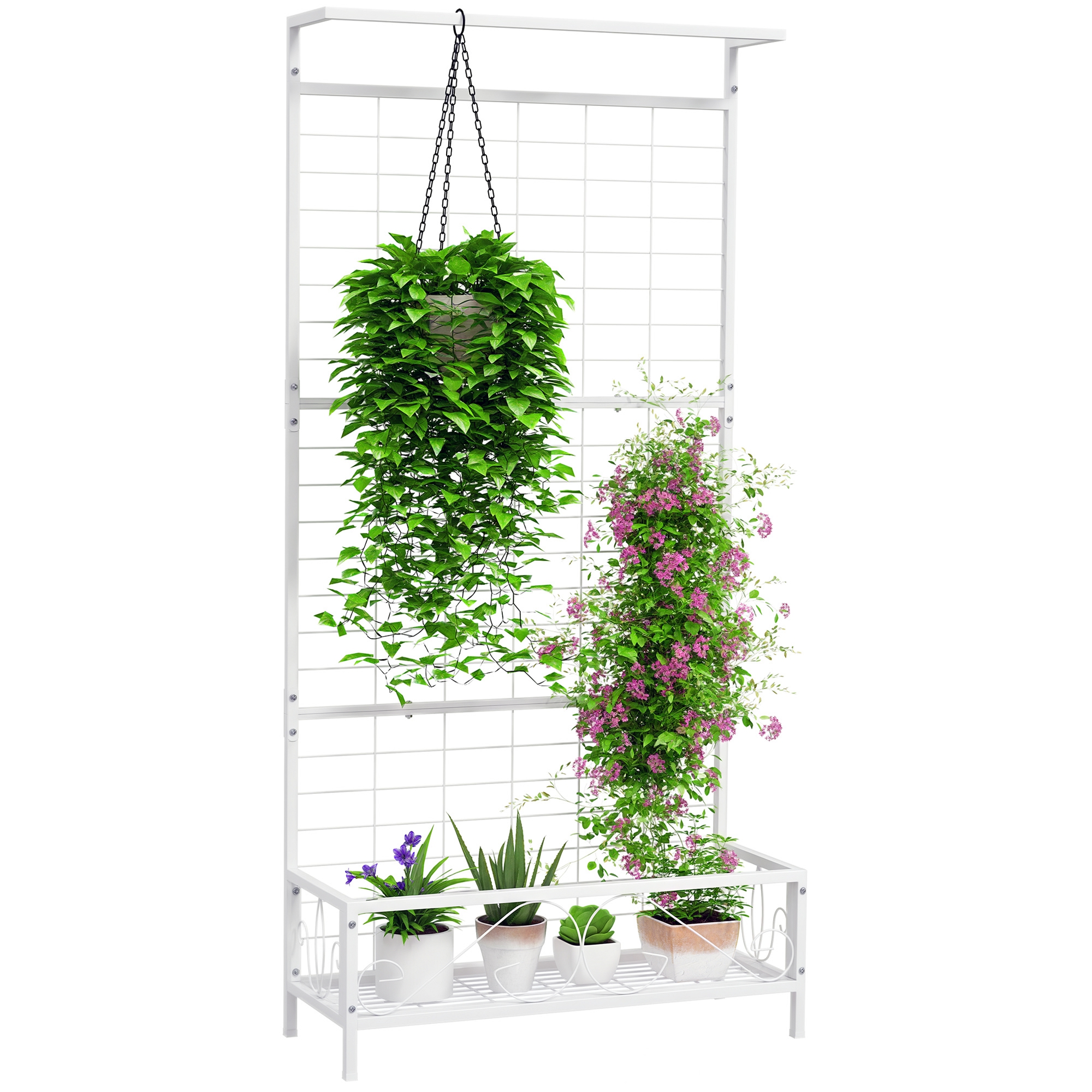 Metal Tall Plant Stand with Trellis and Hanging Bar, Plant Holder for Indoor Outdoor Use, 35" x 12.8" x 74", White