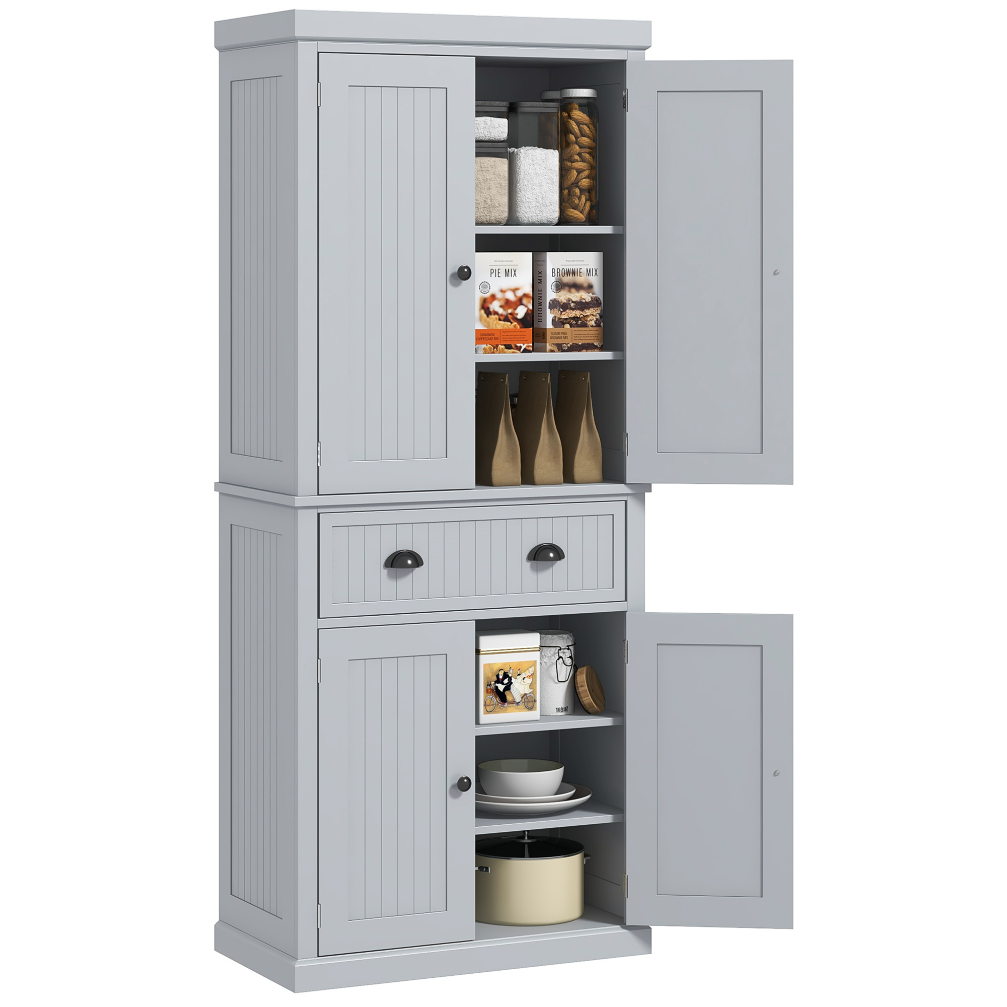  72" Traditional Kitchen Pantry Cabinet, Freestanding Tall Storage Cabinet with 4 Doors, Drawer and 3 Adjustable Shelves for Dining Room, Gray