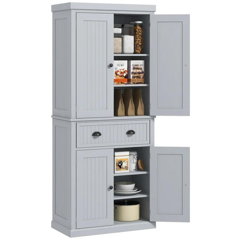  72" Traditional Kitchen Pantry Cabinet, Freestanding Tall Storage Cabinet with 4 Doors, Drawer and 3 Adjustable Shelves for Dining Room, Gray