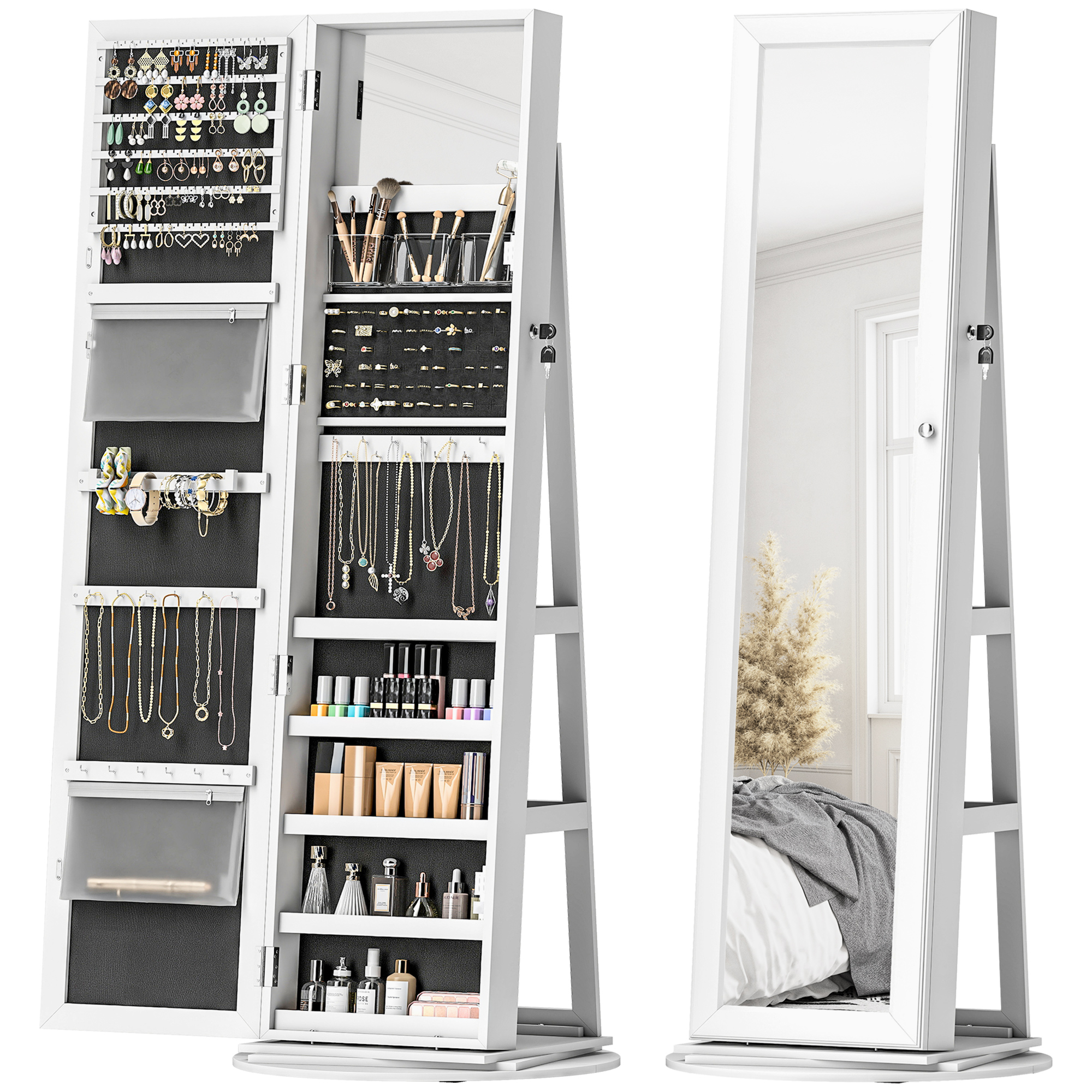 360° Swivel Jewelry Armoire, Lockable Jewelry Cabinet with Full-Length Mirror, Storage Shelves, White
