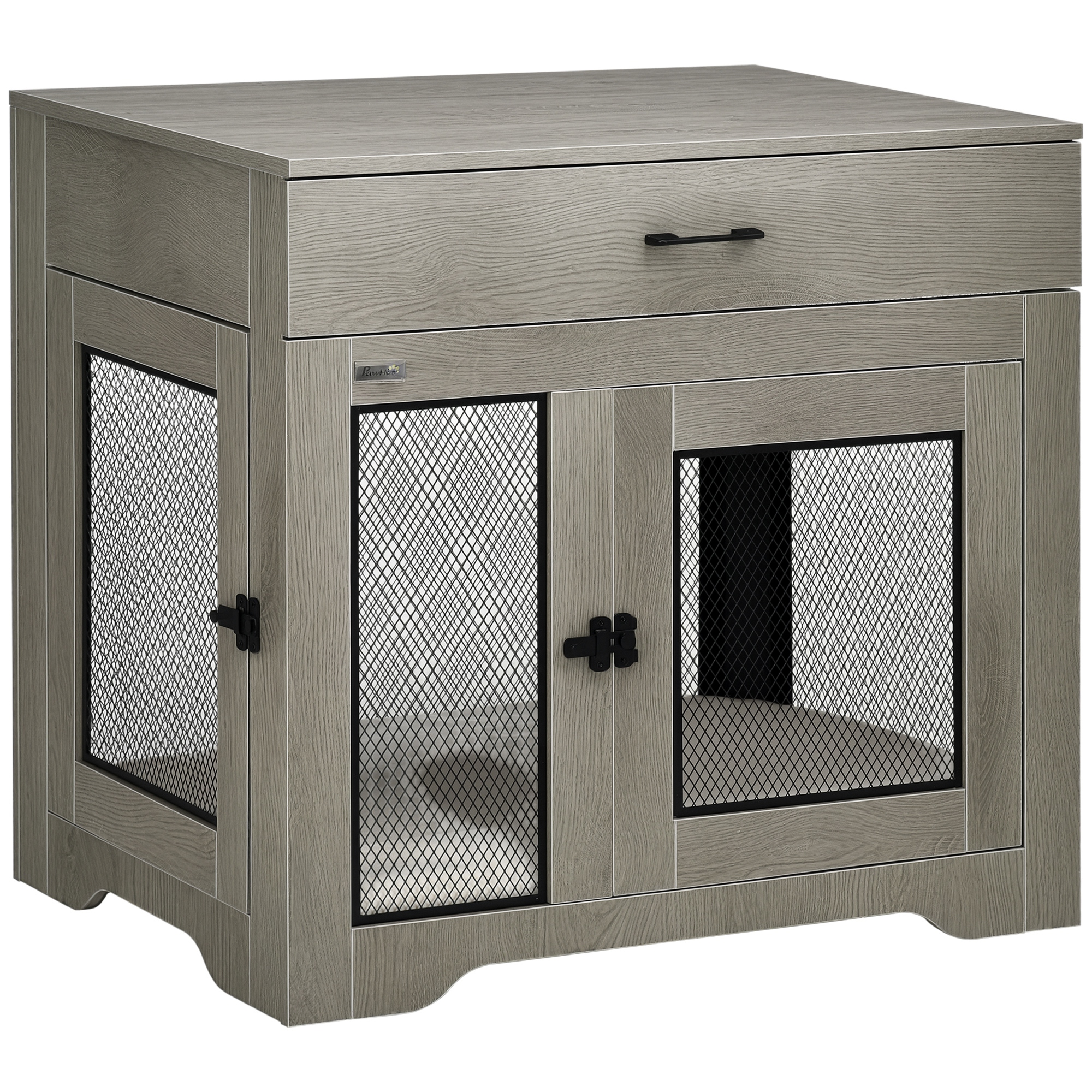 Dog Crate Furniture with Soft Water-Resistant Cushion, Drawer, for Small Dogs, Grey