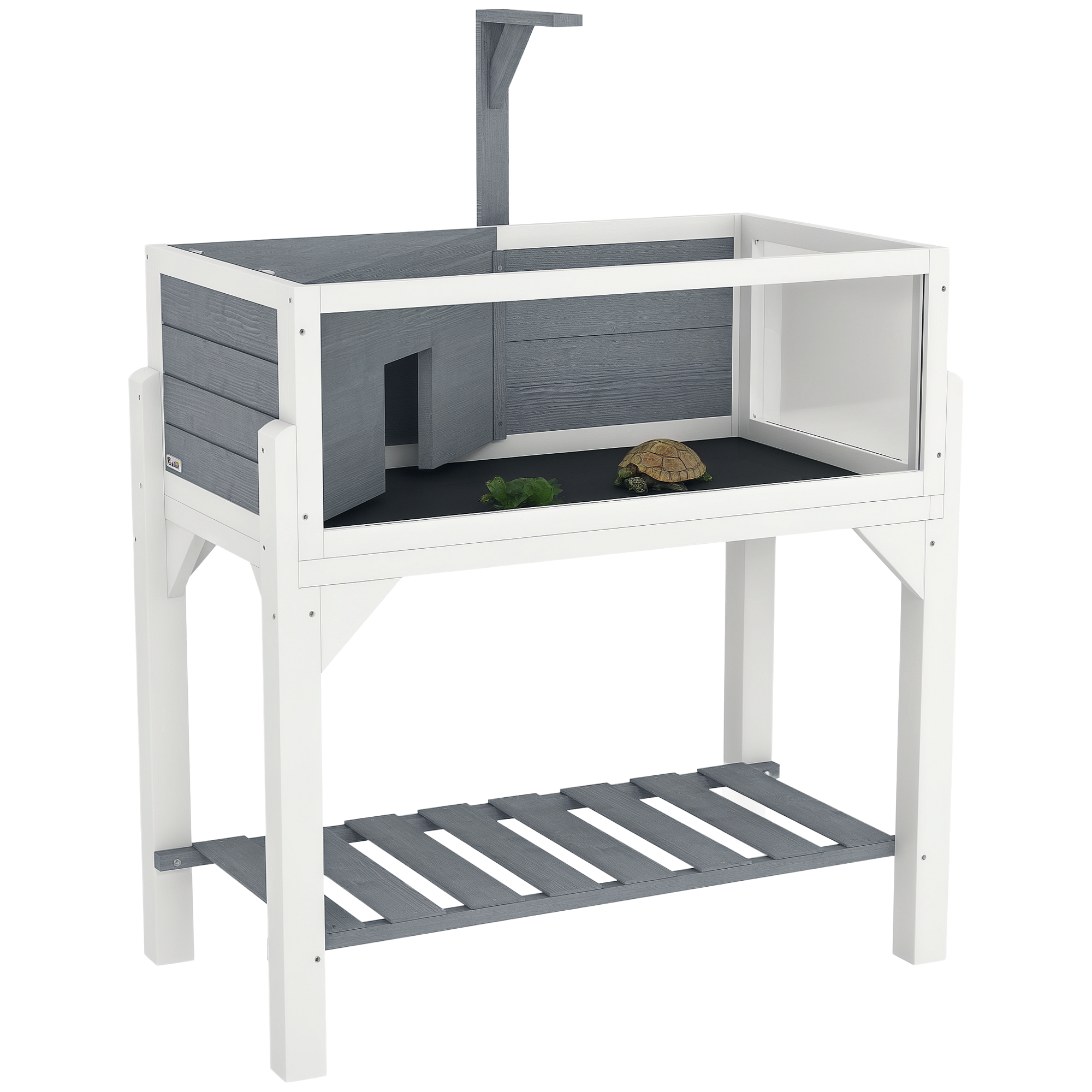 Wooden Tortoise Habitat with Storage Shelf, Tortoise Enclosure with Clear Windows, Openable Top, Lamp Holder, Gray