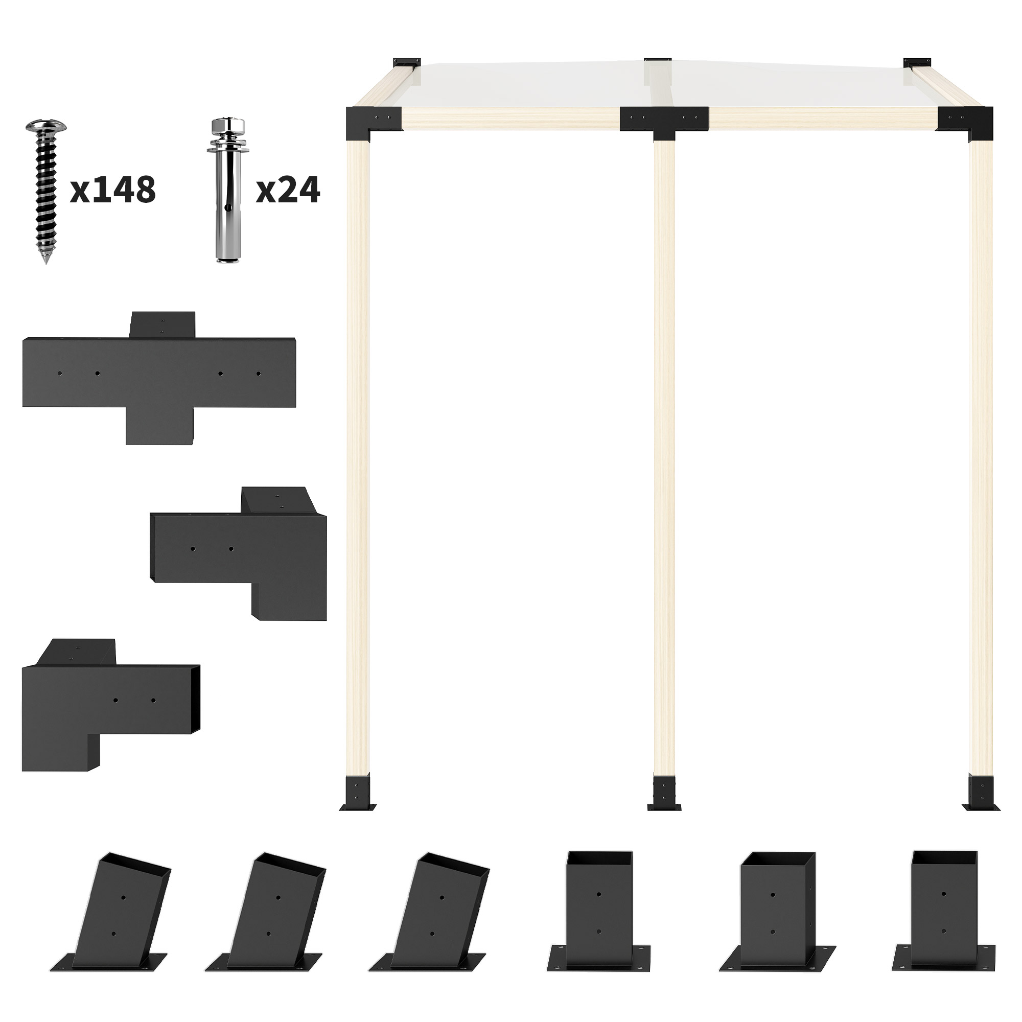 Pergola Kit, 15° Slanted Pergola Brackets w/ 4-Way/3-Way Brackets, Post Bases, Wall Mounts for 3.6" X 3.6" Lumber, Black