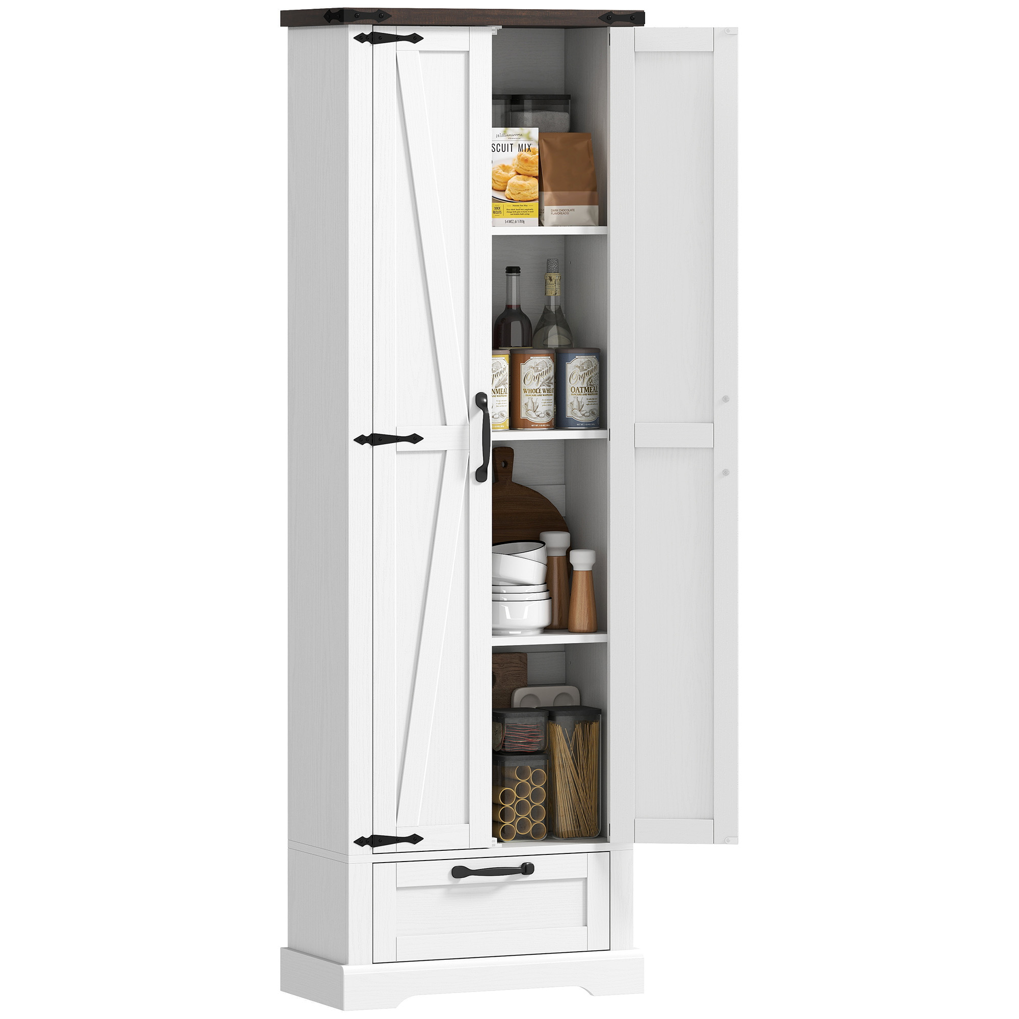 71" Pantry Cabinet, Kitchen Storage Cabinet with Adjustable Shelves, Barn Doors and Drawer for Dining Room, White