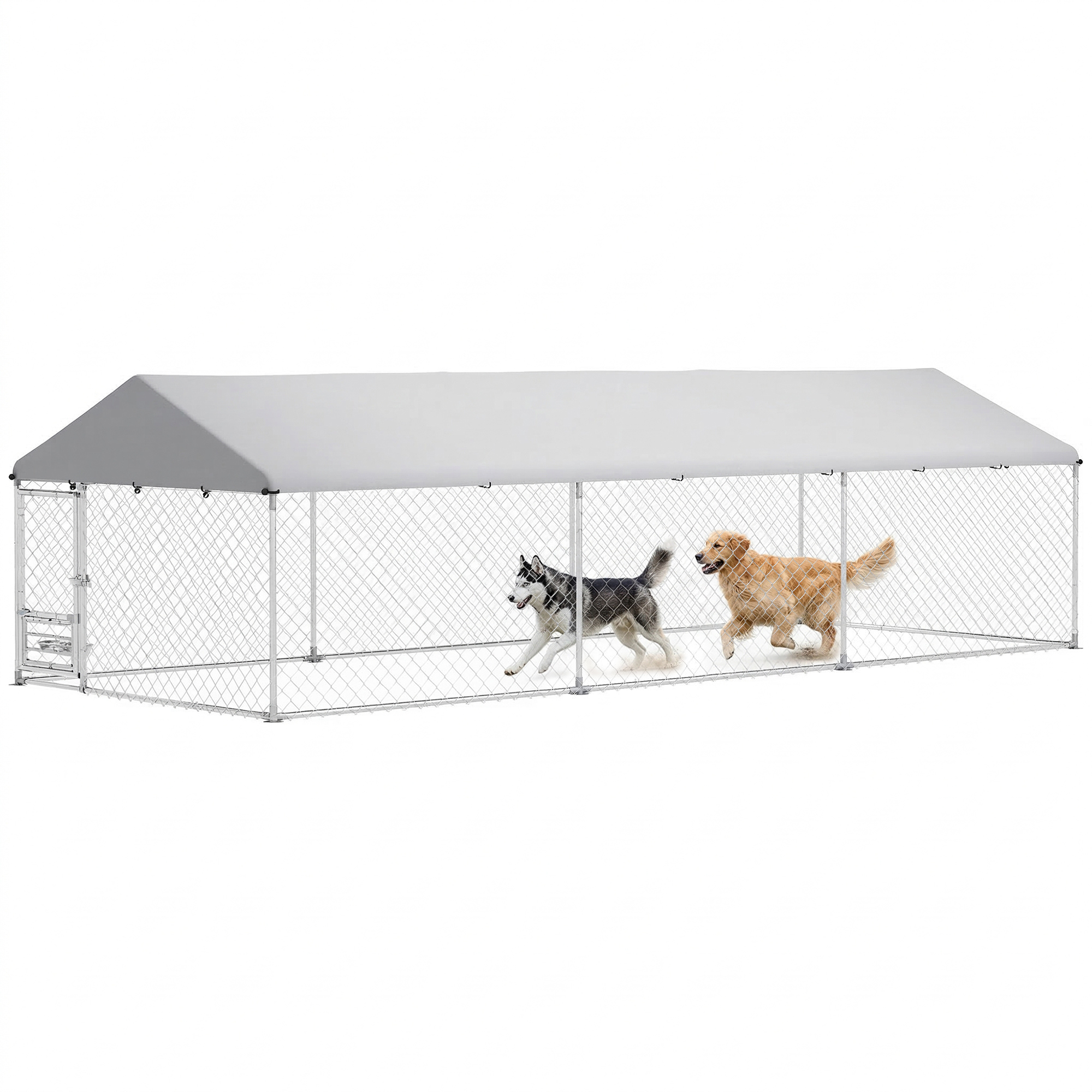 Outdoor Dog Kennel with Adjustable & Rotatable Bowl Rack, Waterproof Cover, Secure Lock, 19.7' x 7.5' x 5.2'