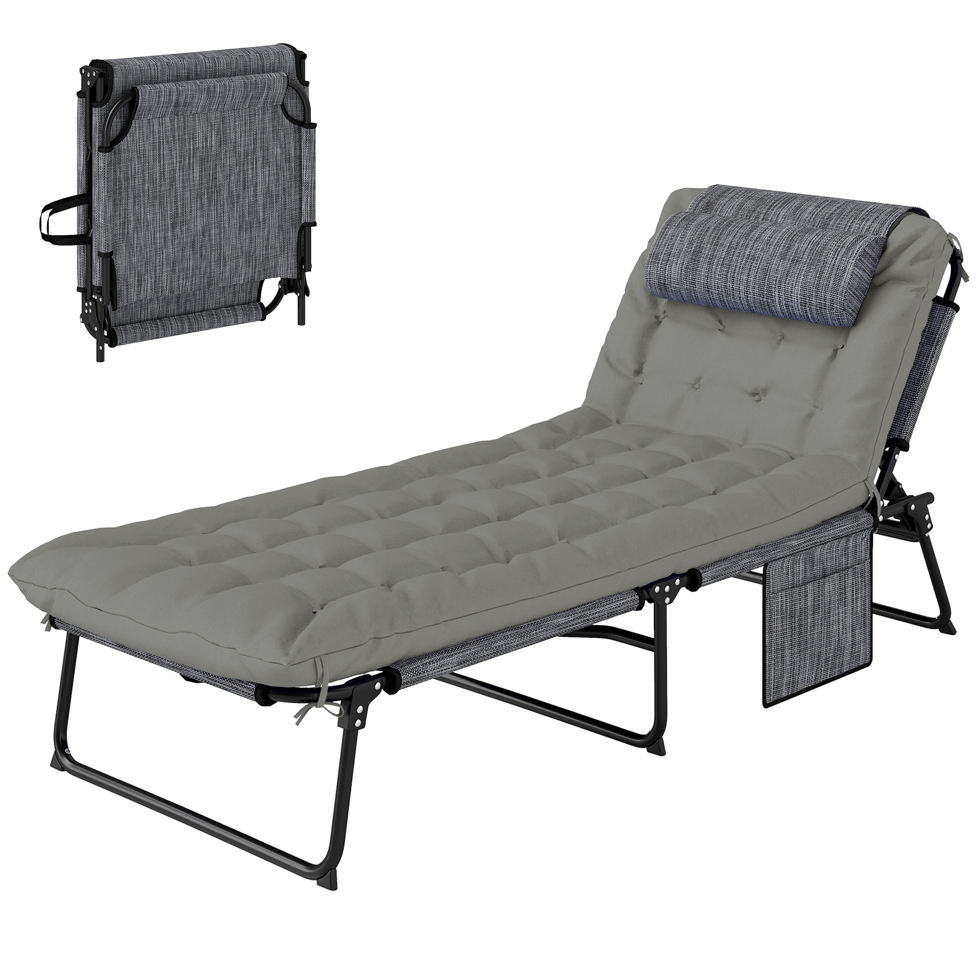 Folding Chaise Lounge Pool Chair with 4-level Reclining Back, Cushion, Side Pocket, Headrest, Gray